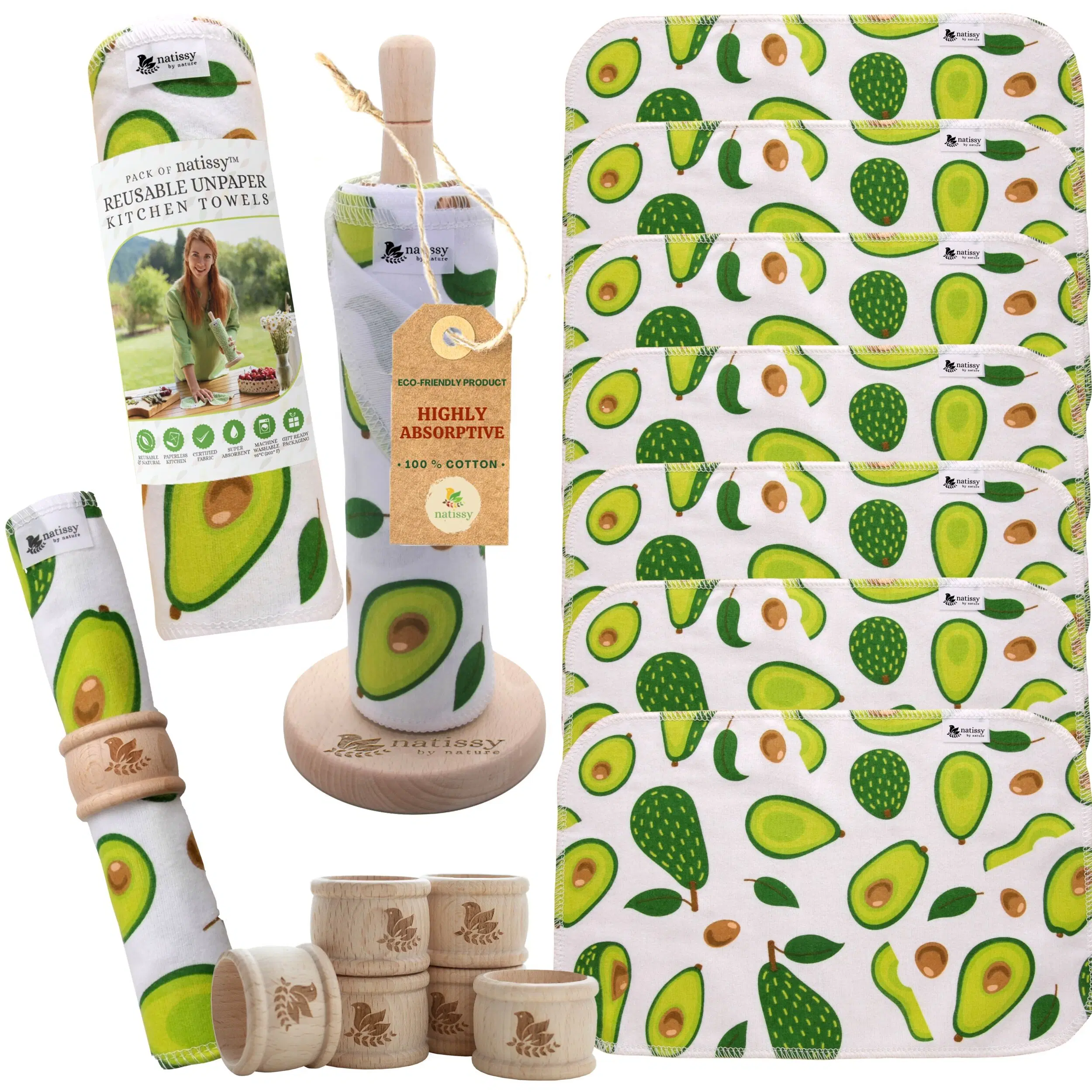 Wiederverwendbare papierlose Küchentücher, zertifizierte Baumwolle, 10er-Rolle – Avocado