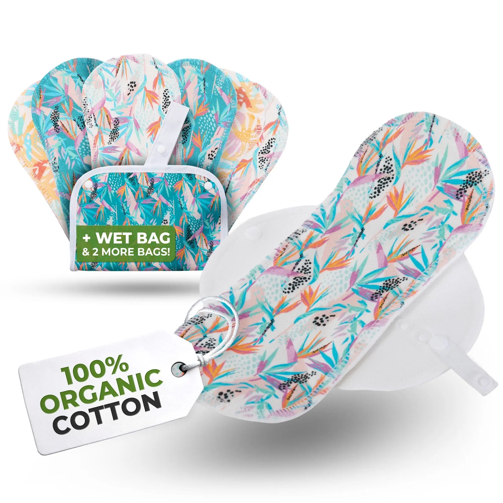 Wiederverwendbare EcoComfort-Slipeinlagen aus Bio-Baumwolle für Frauen und Teenager (klein, 7er-Pack) – Monstera