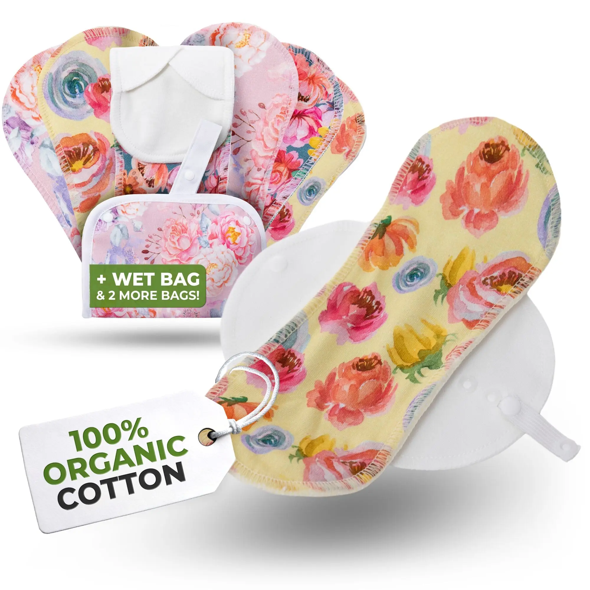 Wiederverwendbare EcoComfort-Slipeinlagen aus Bio-Baumwolle für Frauen und Teenager (Mittel, 7er-Pack) – Blossom