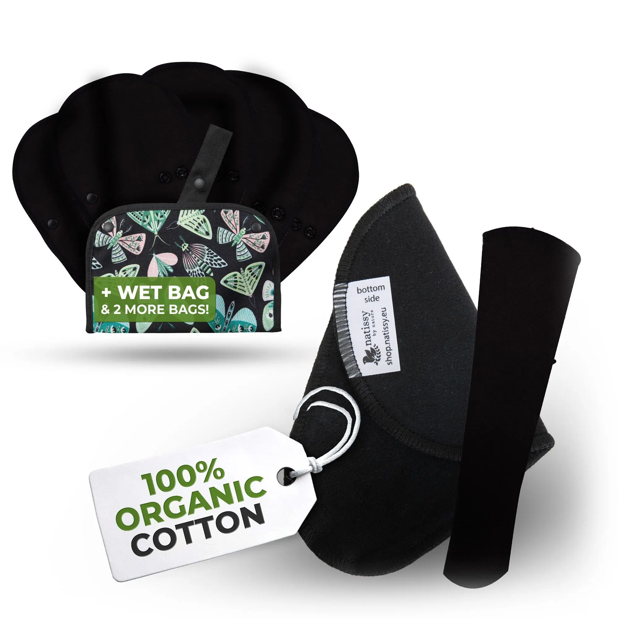 Wiederverwendbare Slipeinlagen EcoComfort aus Bio-Baumwolle für Damen und Teenager (Tanga, 7er-Pack) – schlichtes Schwarz