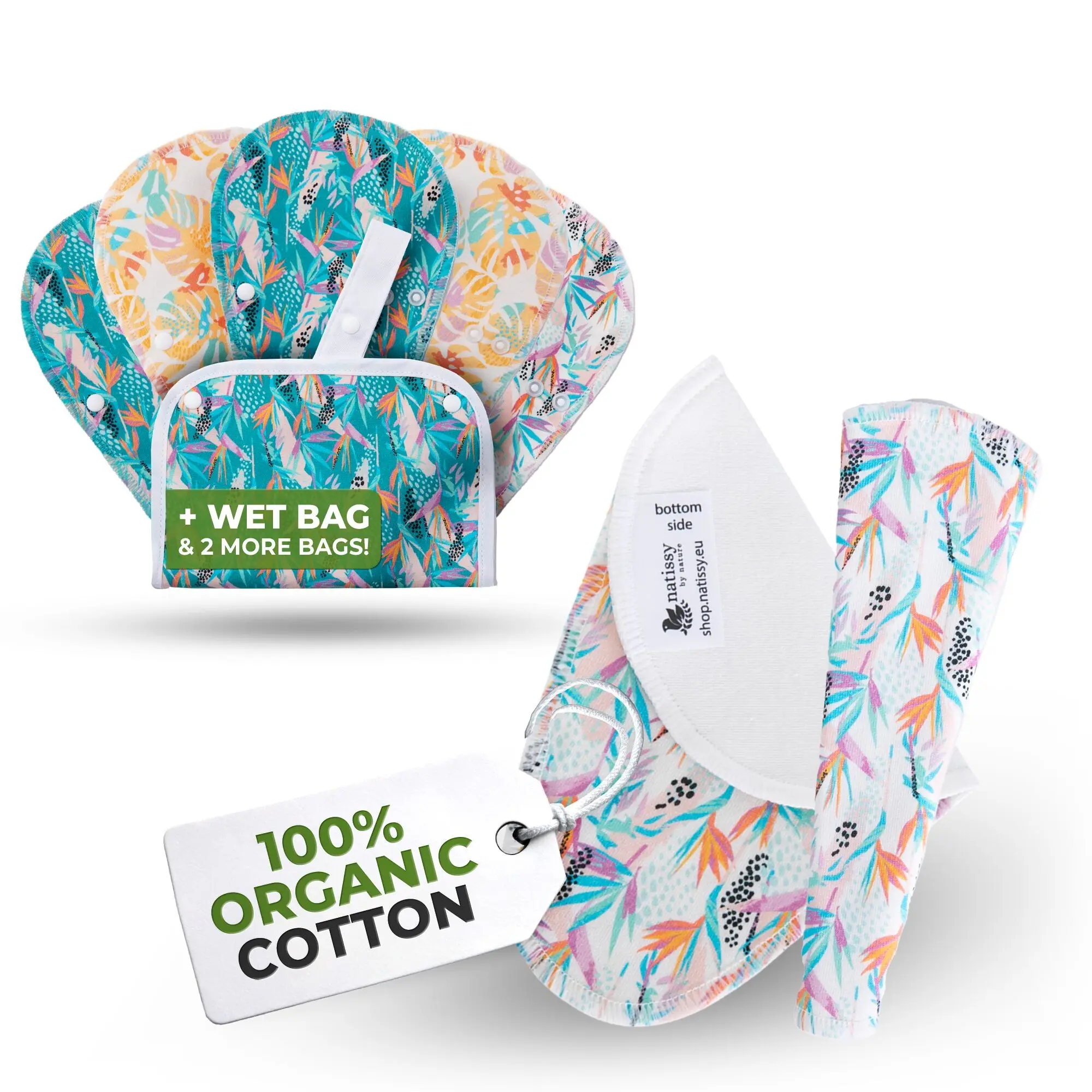 Wiederverwendbare EcoComfort-Slipeinlagen aus Bio-Baumwolle für Damen und Teenager (Tanga, 7er-Pack) – Monstera