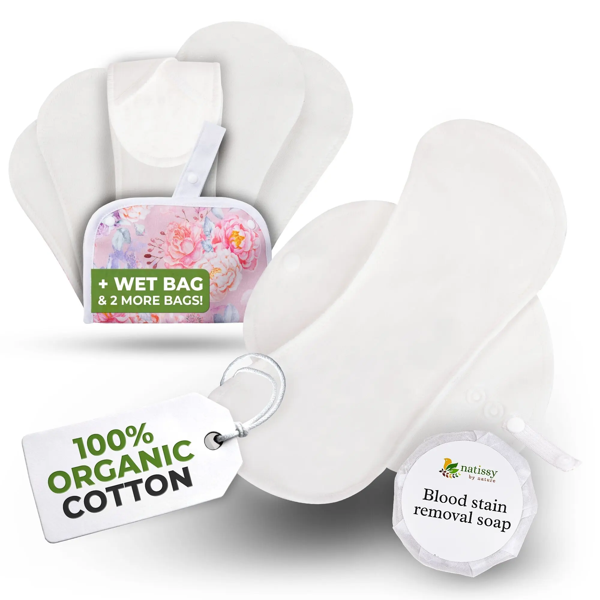 Wiederverwendbare EcoComfort-Binden aus Bio-Baumwolle für leichte Blutungen (S+M, 6er-Pack) – Einfarbig Weiß
