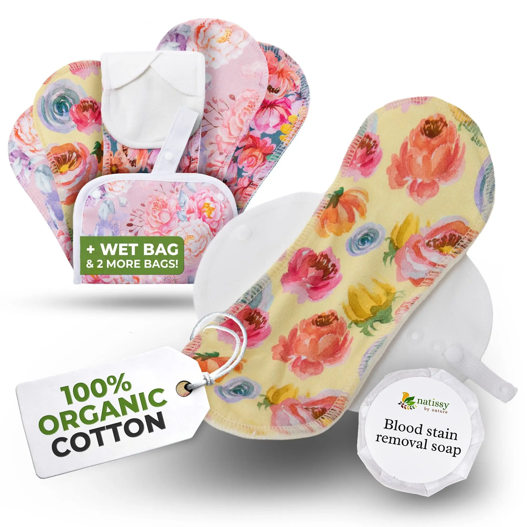 Wiederverwendbare EcoComfort-Binden aus Bio-Baumwolle für leichte Blutungen (S+M, 6er-Pack) – Blossom