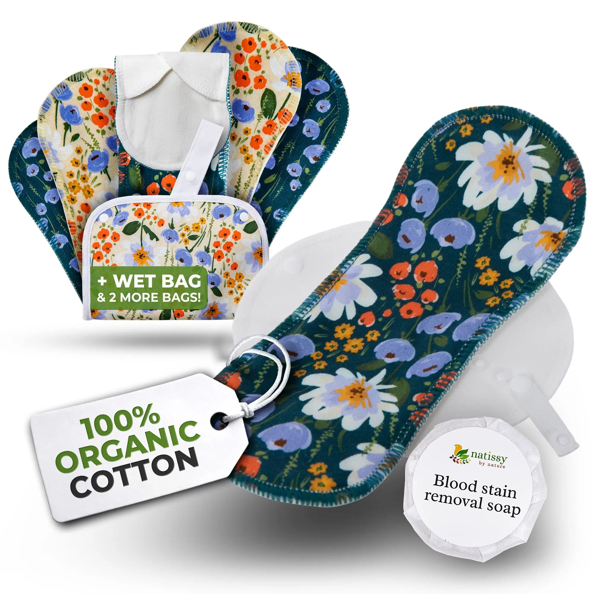 Wiederverwendbare EcoComfort-Binden aus Bio-Baumwolle für leichte Blutungen (S+M, 6er-Pack) – Blaues Rouge