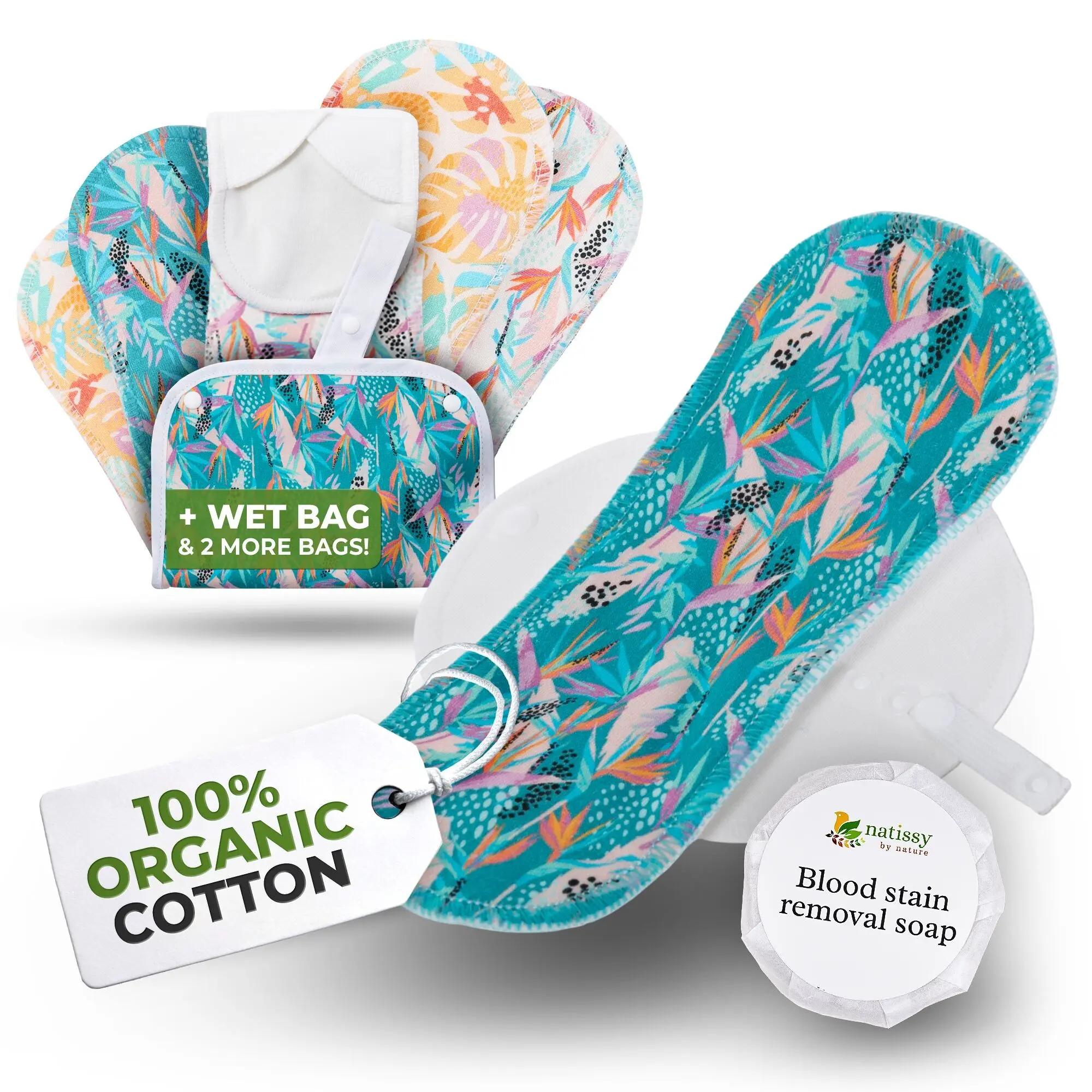 Wiederverwendbare EcoComfort-Binden aus Bio-Baumwolle für leichte Blutungen (S+M, 6er-Pack) – Monstera