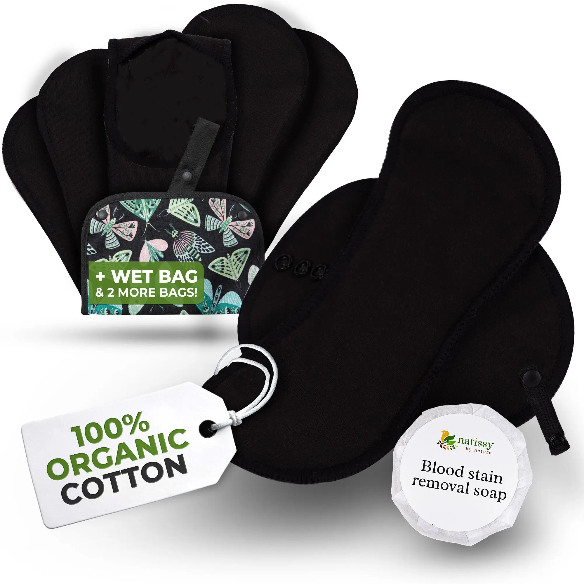Wiederverwendbare EcoComfort-Periodeneinlagen aus Bio-Baumwolle für starke Blutungen und Inkontinenz (L+XL, 6er-Pack) – Uni-Schwarz