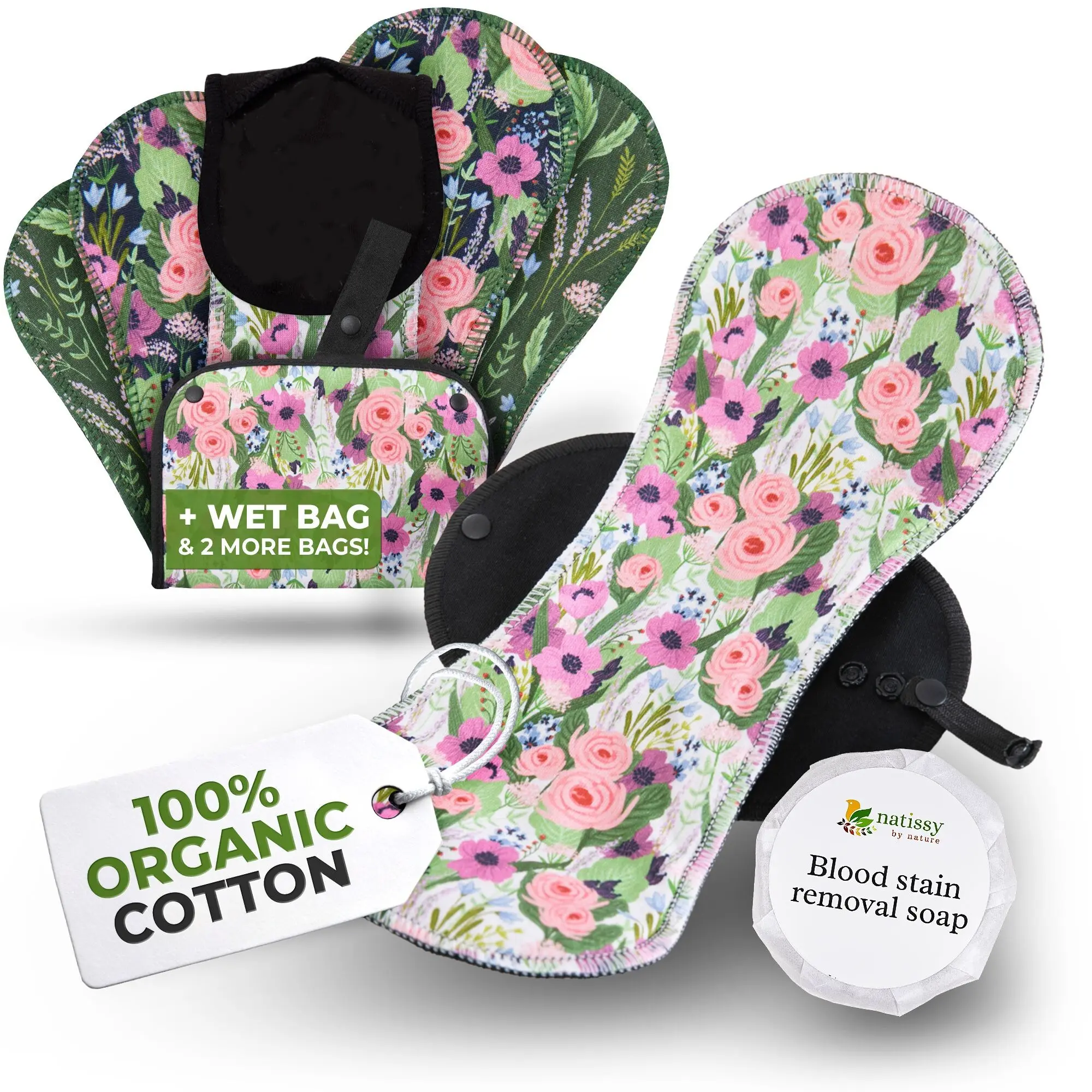 Wiederverwendbare EcoComfort-Periodeneinlagen aus Bio-Baumwolle für starke Blutung und Inkontinenz (L+XL, 6er-Pack) – Botanisch