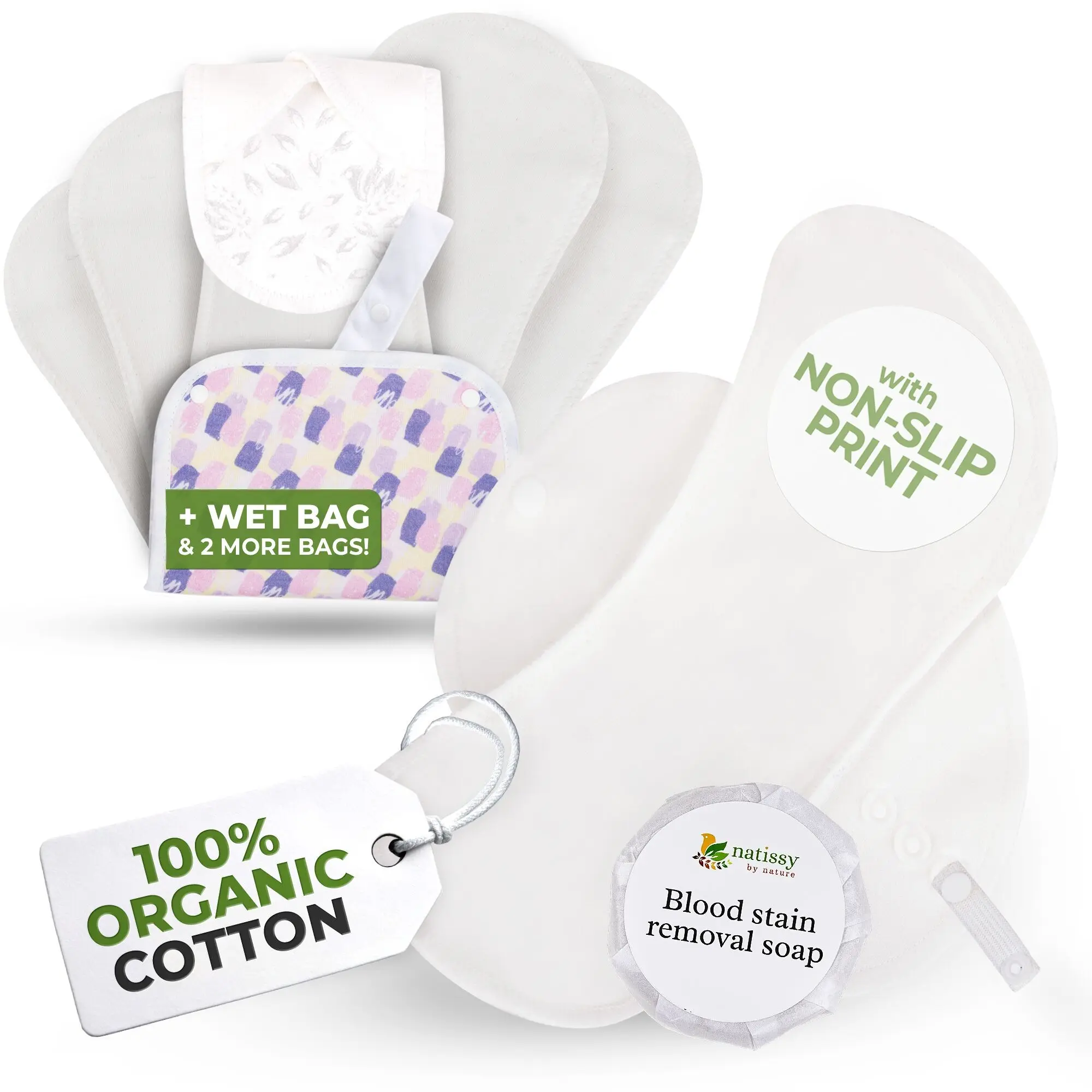 Rutschfeste, wiederverwendbare Bio-Periodeneinlagen für starke Blutung und Inkontinenz (L+XL, 6er-Pack) – schlichtes Weiß