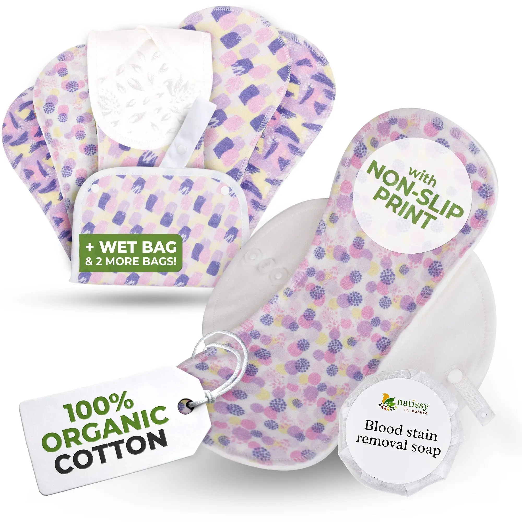 Rutschfeste, wiederverwendbare Bio-Periodenbinden für starke Blutung und Inkontinenz (L+XL, 6er-Pack) – Frühling