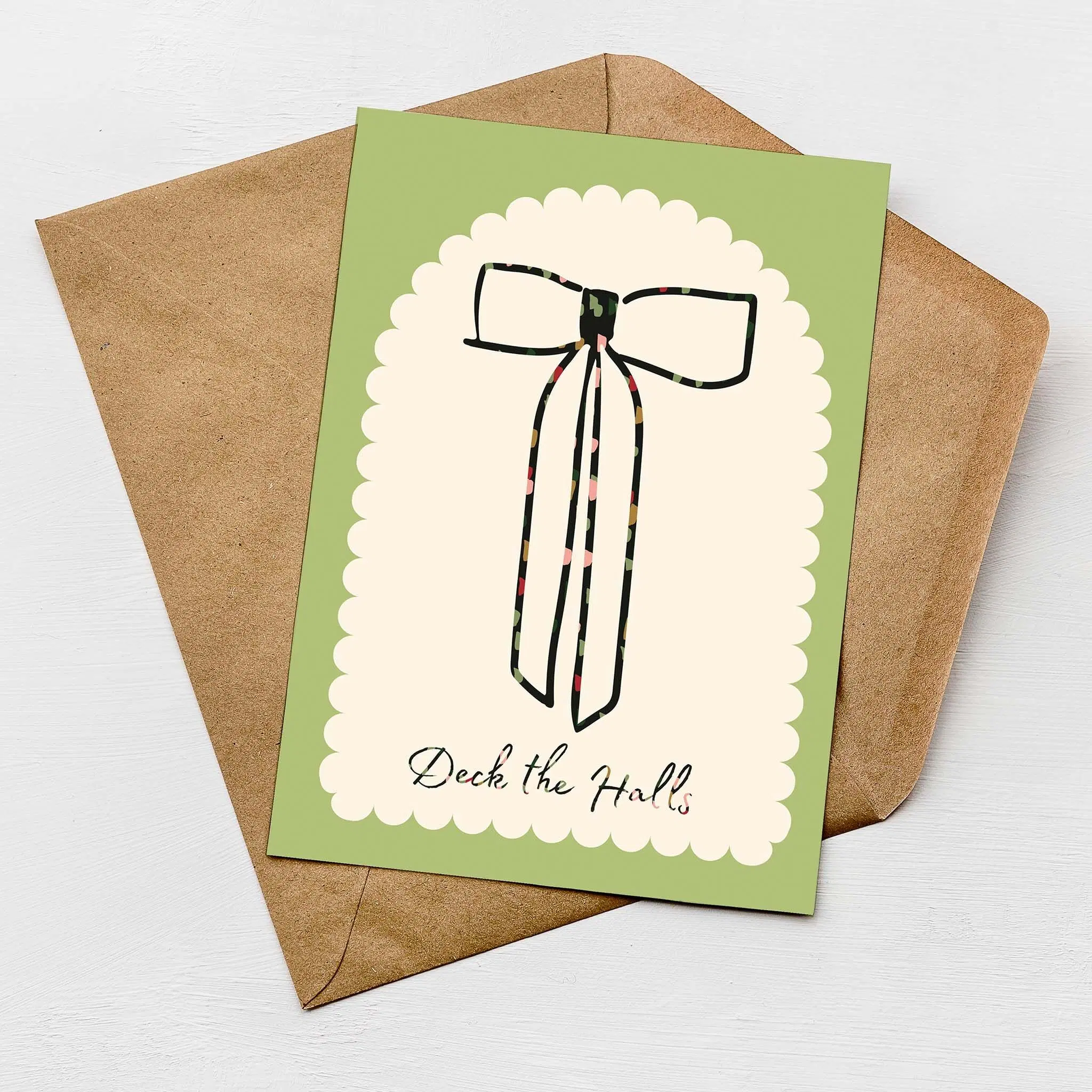 Carte de Noël minimaliste « Deck the Halls » | Nœud festif
