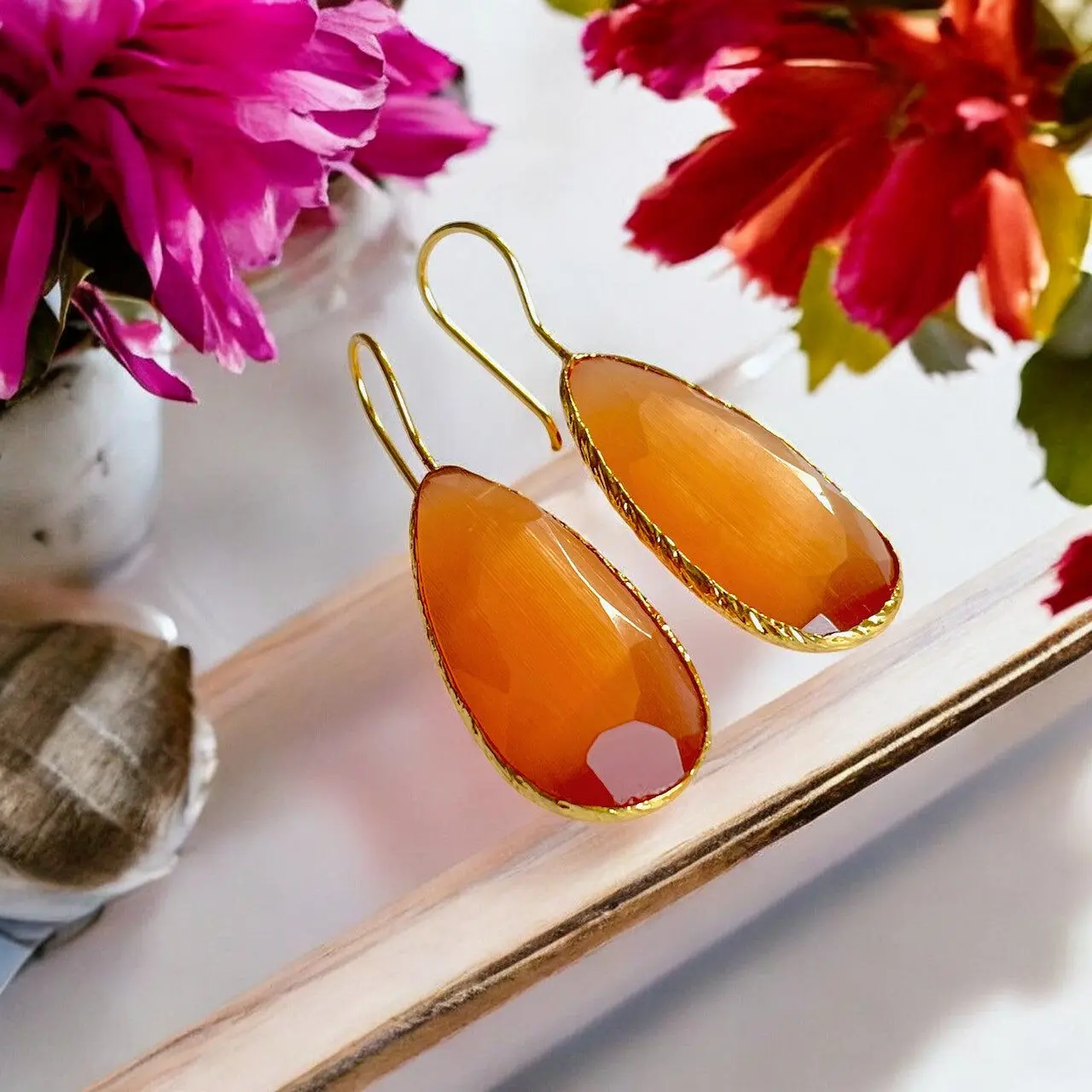 "DIAMORA 2" earrings in fine gold plated natural stone orange agate