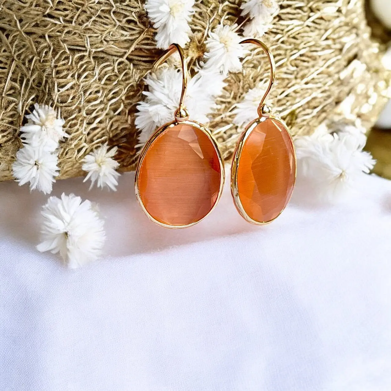 "MIRAE" earrings, natural stone, orange Agate, gilded with fine gold