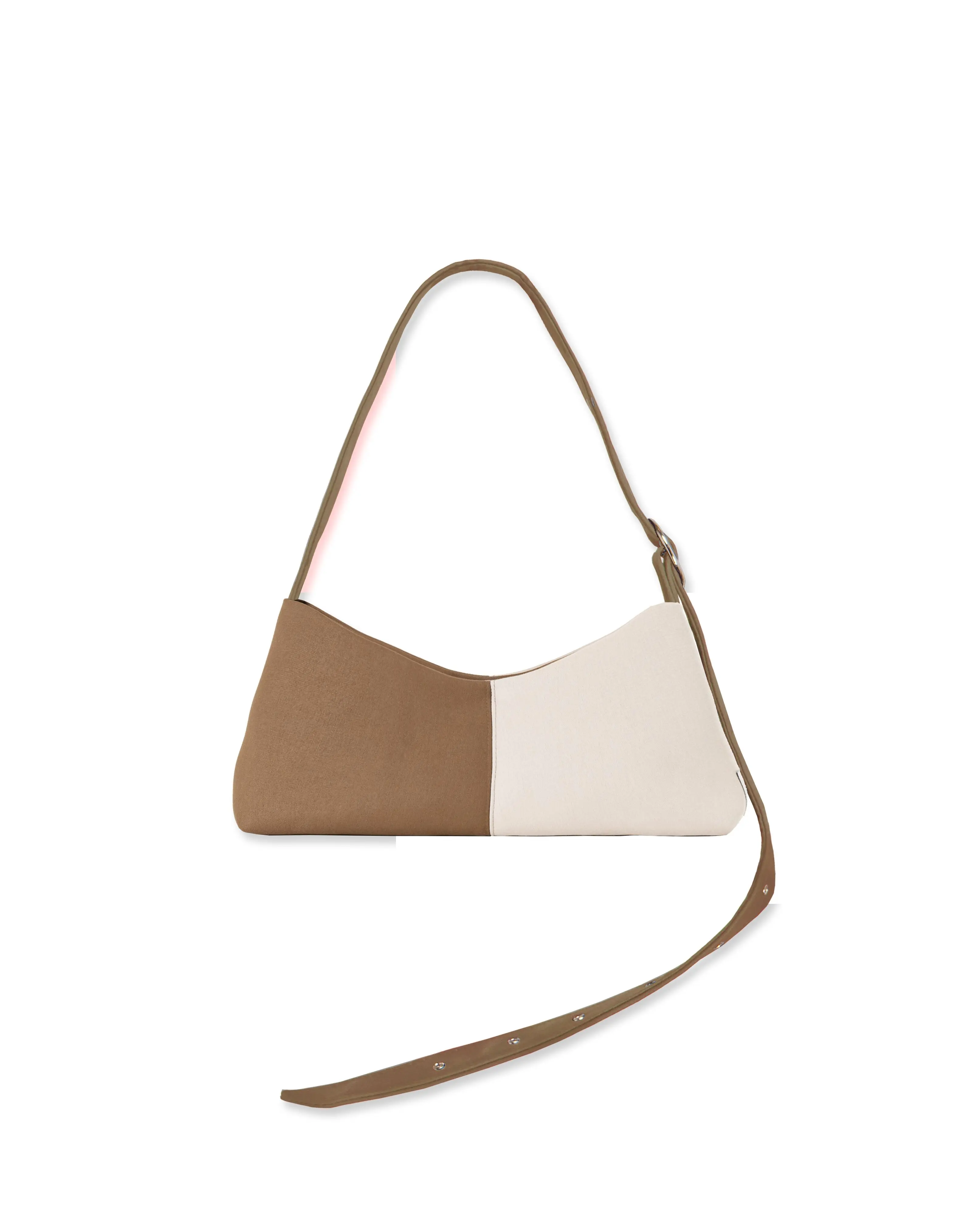 Bolso baguette color topo y blanco con correa ajustable y hebilla plateada - Gala