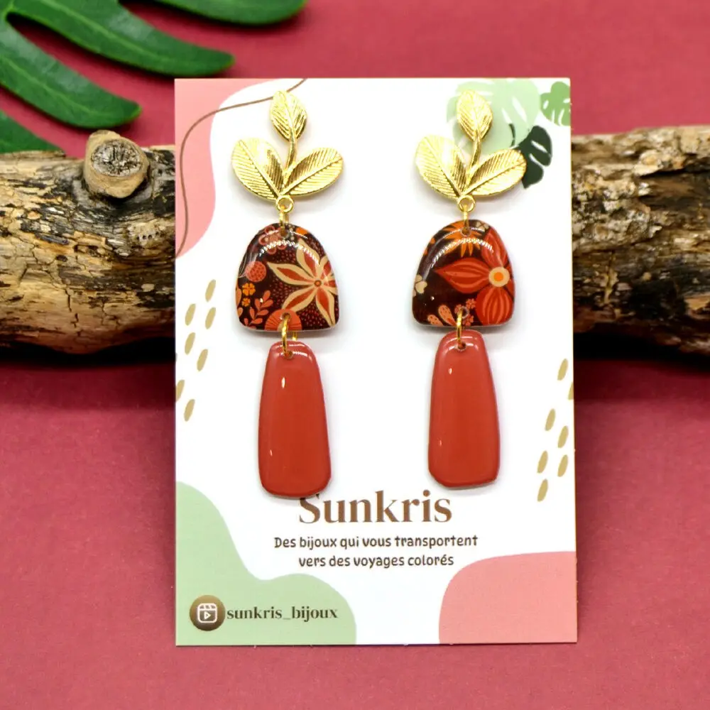Orange floral earrings – Autumn collection – Handmade jewelry in France, bohemian chic design