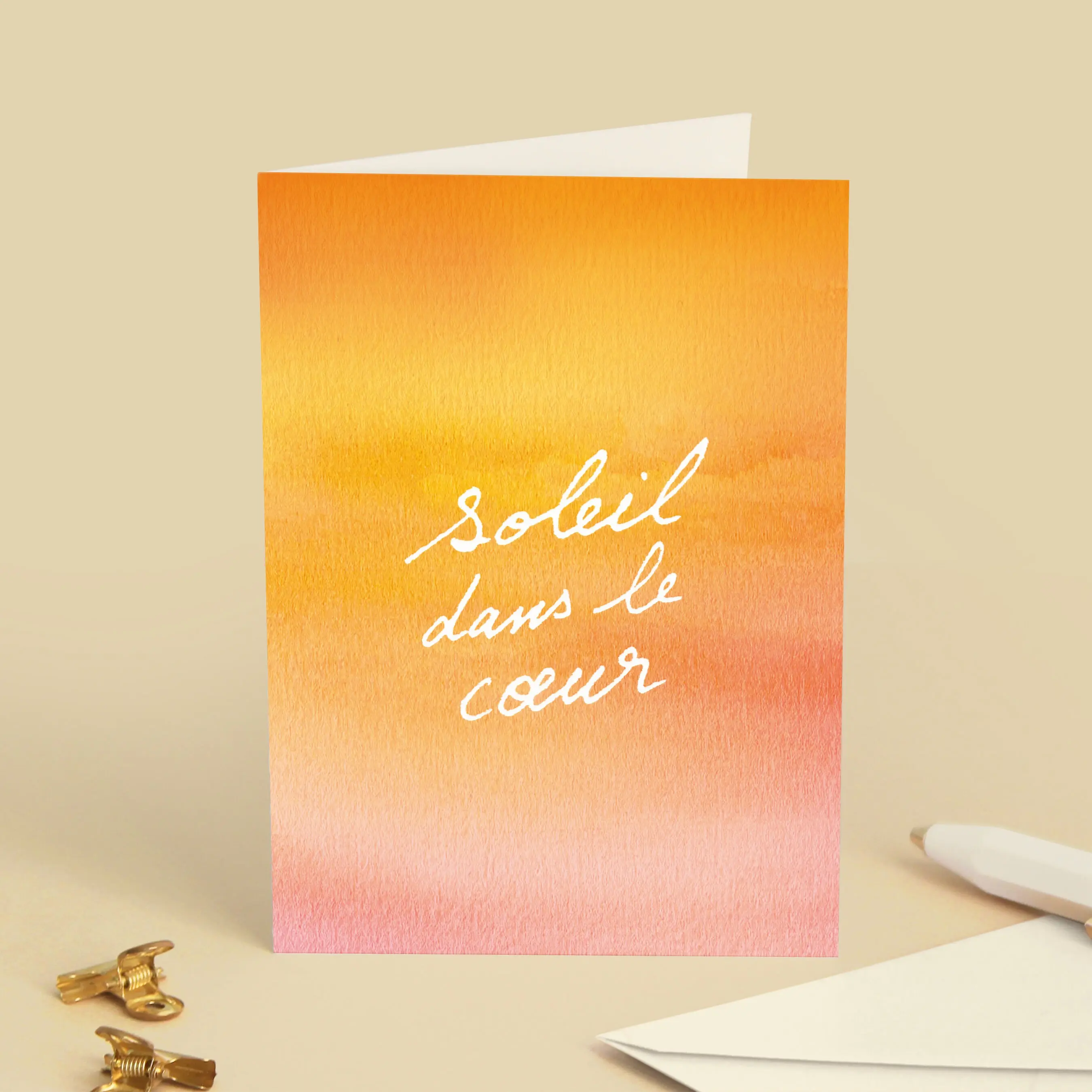 "Sun in the Heart" Greeting Card Sunset - Friendship, love, little attention, all occasions - Watercolor typography illustration - Message in French