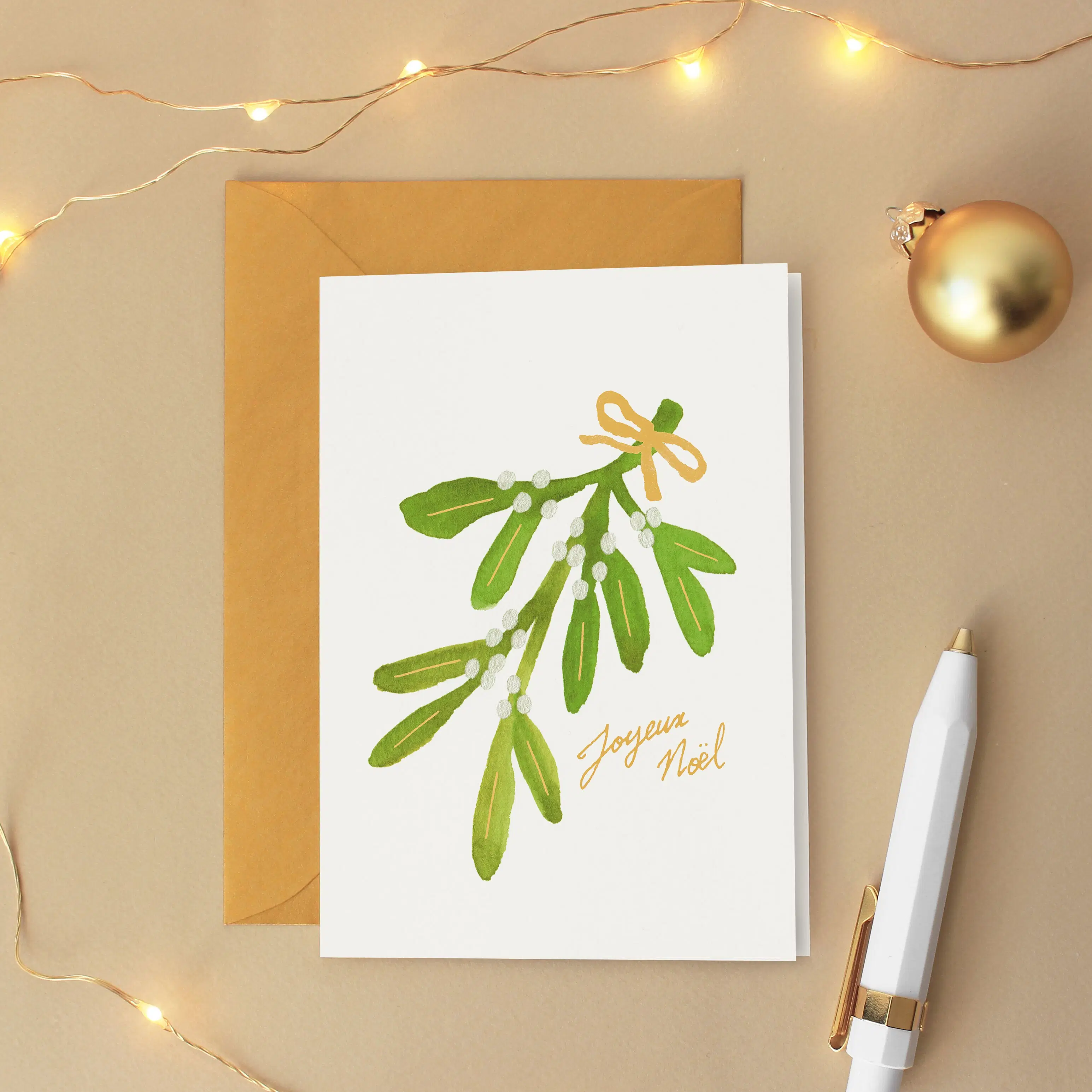 Christmas greeting card - Mistletoe branch "Merry Christmas" - Illustration watercolor painting typography handwritten - French