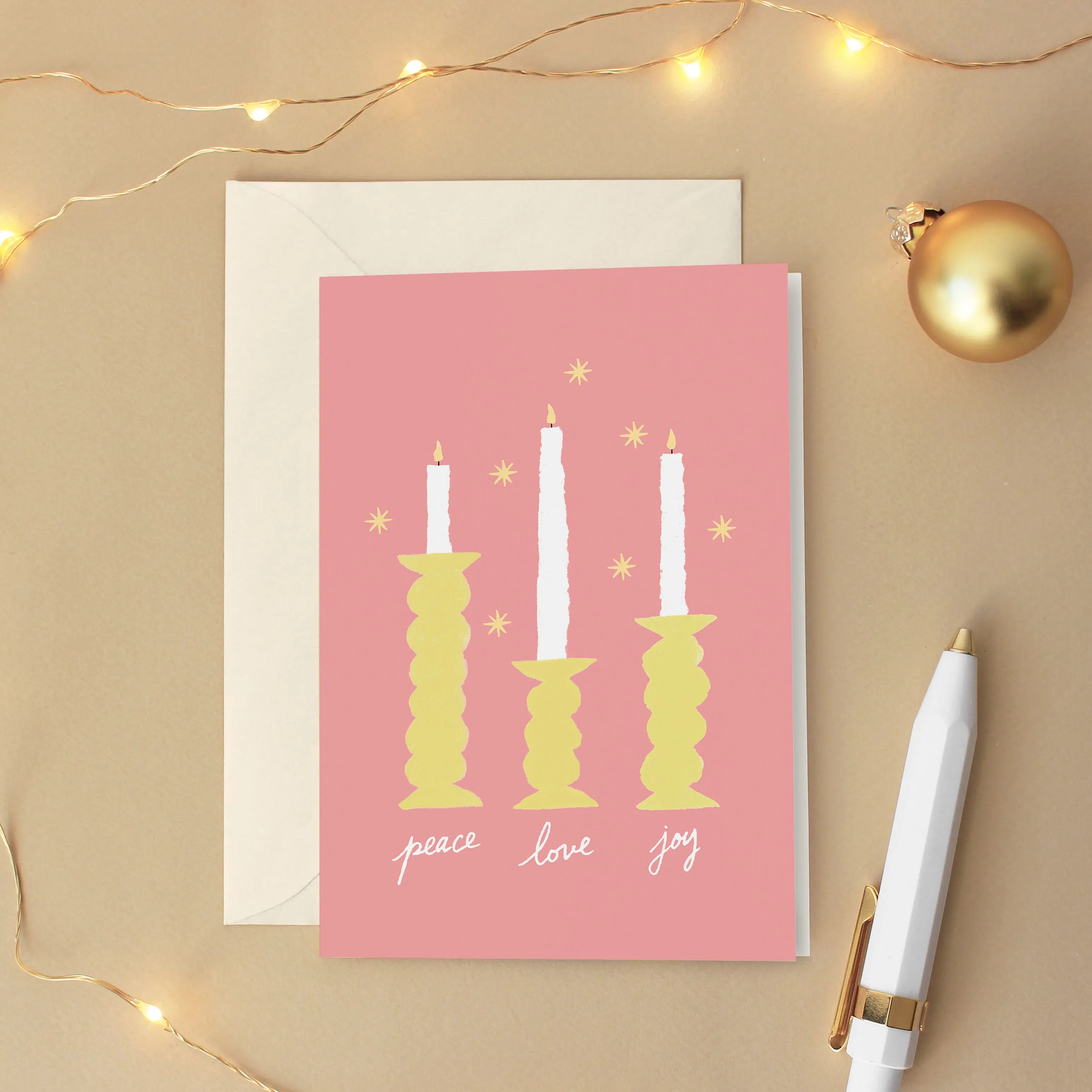 Christmas greeting card "Peace, love, joy" Pink candles - Watercolor painting illustration - French