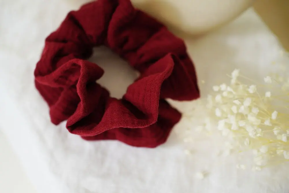 Maxi Scrunchie Apolline Doppelte Baumwollgaze Uni Burgunderrot