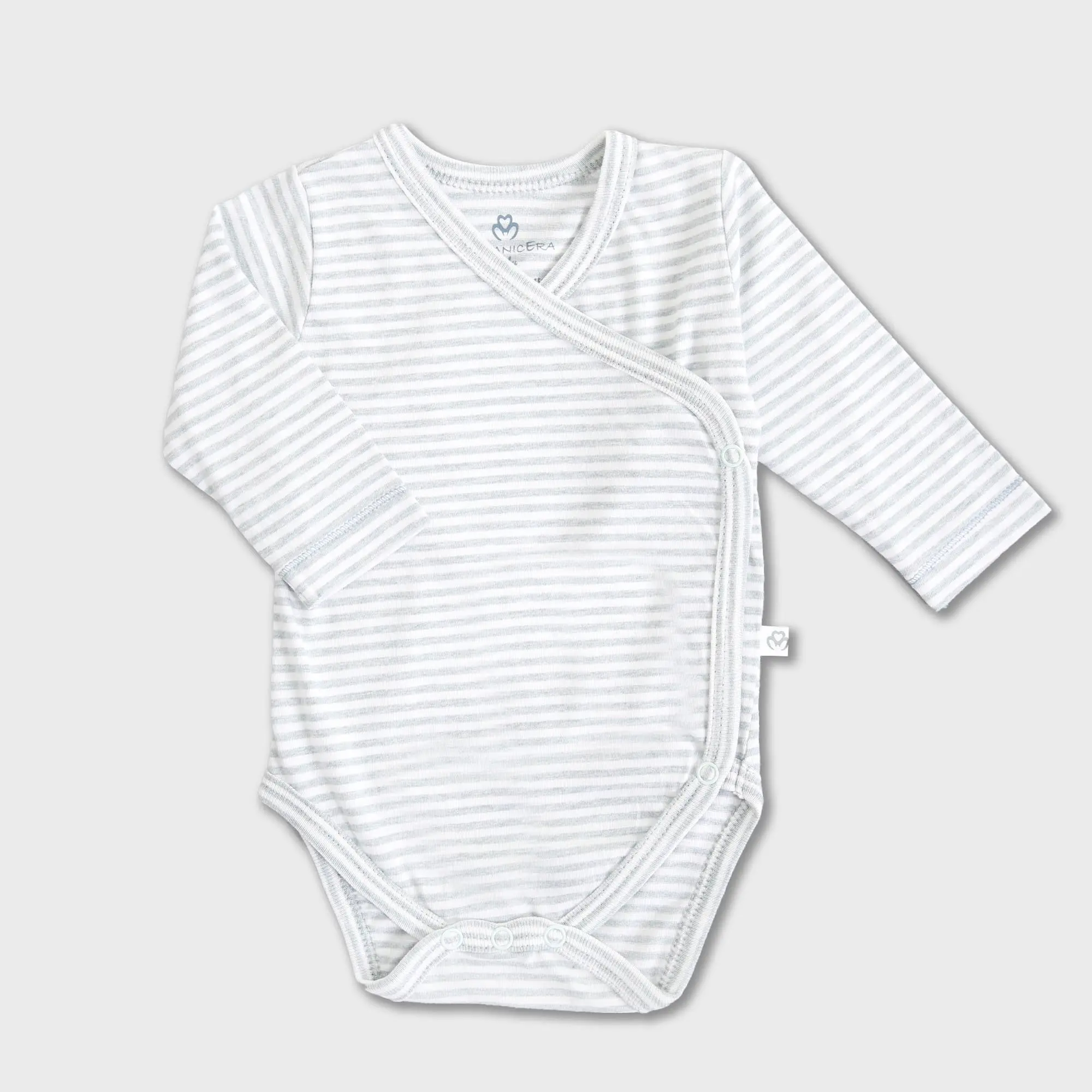 OrganicEra Organic Long Sleeve Newborn Kimono Baby Bodysuit, Aqua Melange Striped