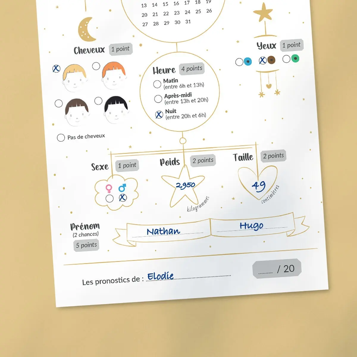 Cartes de pronostics pour la naissance de bébé
