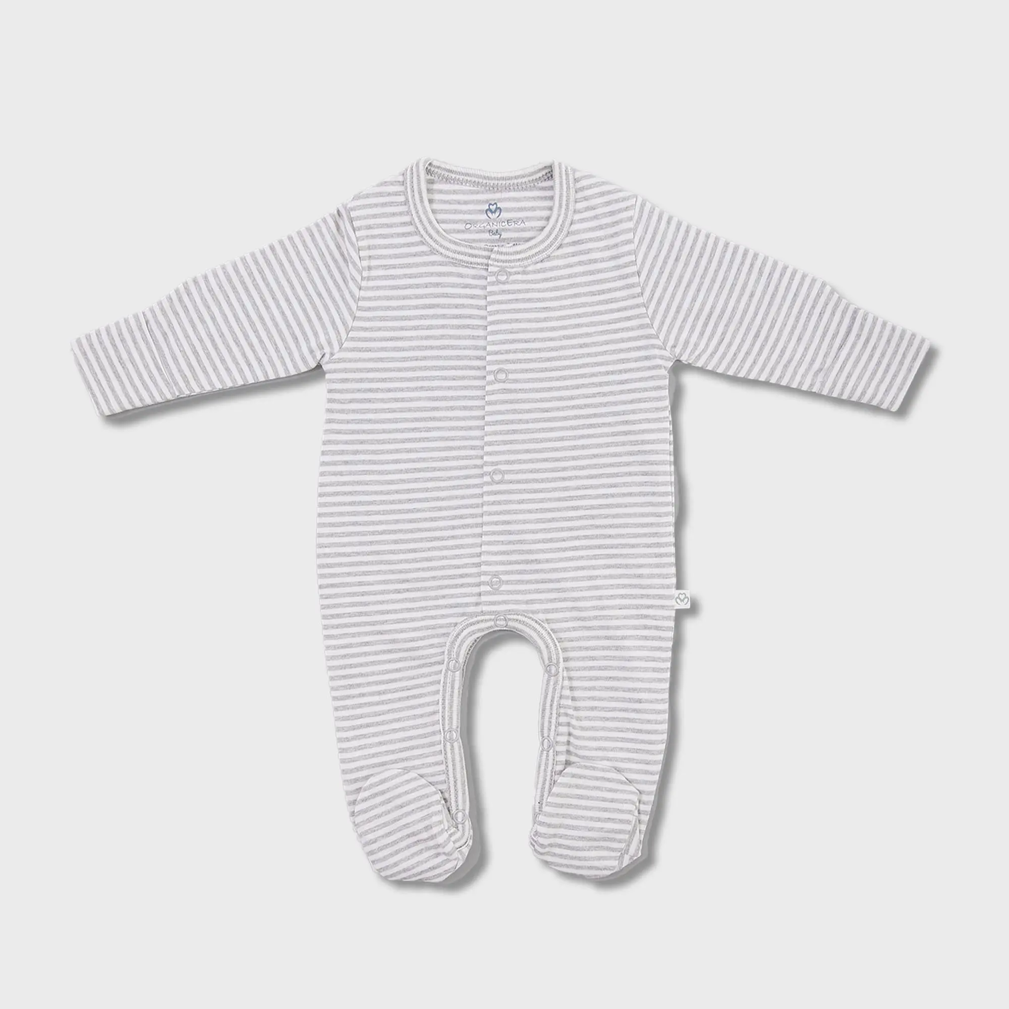 OrganicEra Organic  Baby Footed Sleepsuit, Grey Melange Striped