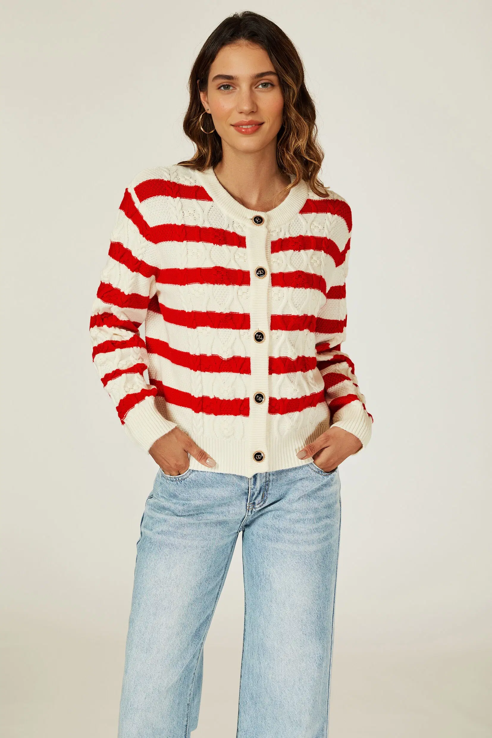 Red cardigan with striped pattern