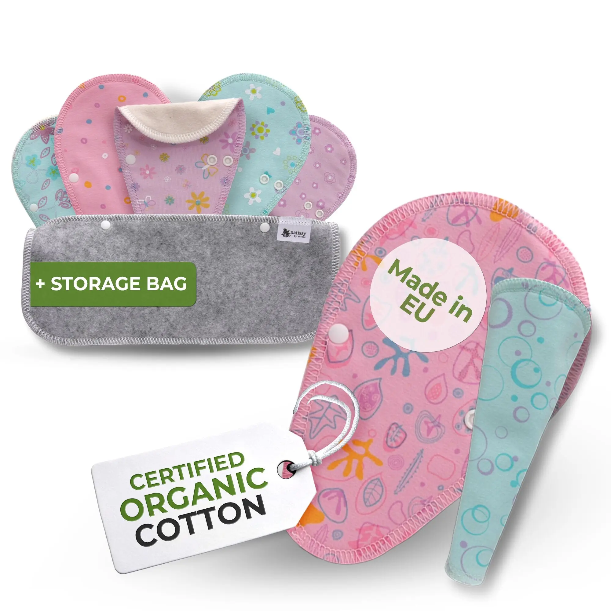 Wiederverwendbare TANGA Slipeinlagen aus Bio-Baumwolle mit Flügeln 7er-Pack - Pastell (weiße Flügel)