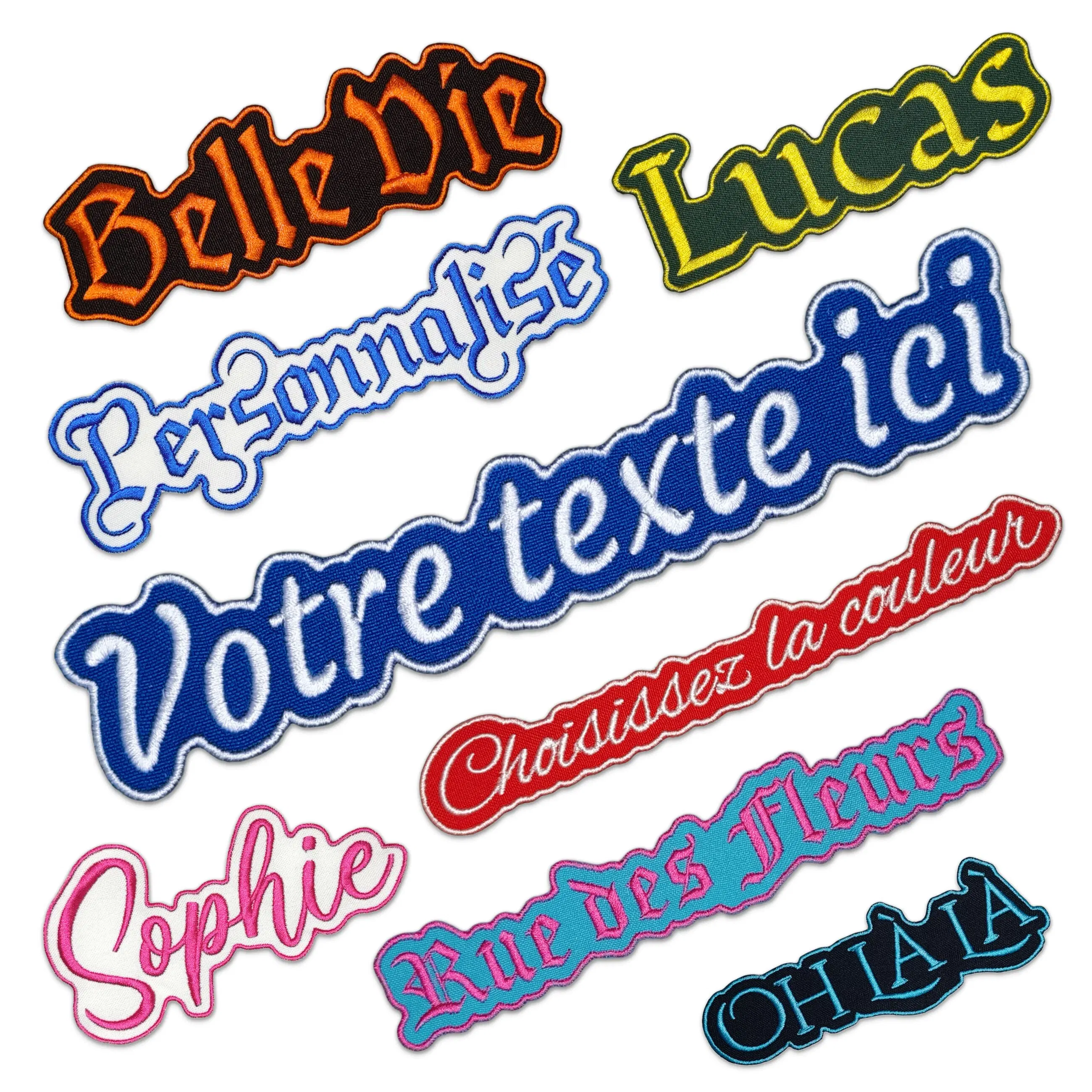 Embroidered iron on name patch personalised 9-28 cm curved around word - many fonts and colors