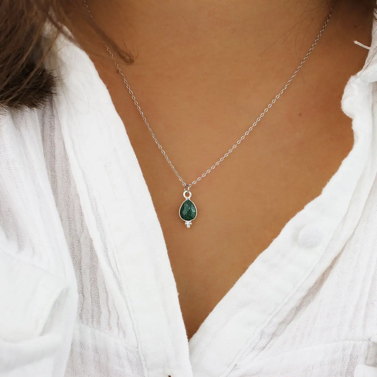Silver stainless steel necklace and natural stone pendant: amethyst, amazonite, aventurine, strawberry quartz, moonstone