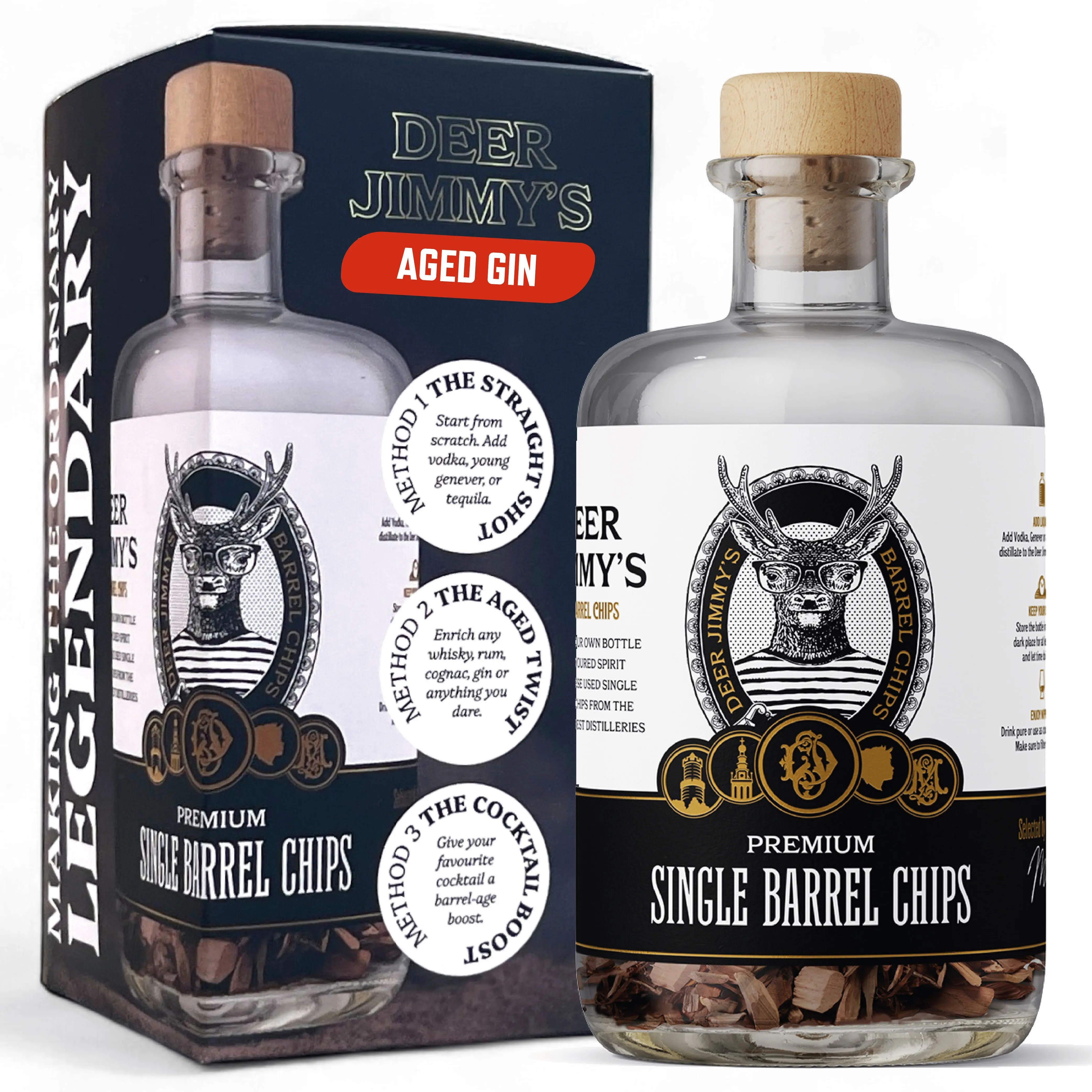 Deer Jimmy's® DIY Gin Aging Gift Set – Make Your Own Aged Gin with Premium Oak from the finest Gin Barrels – Deep Barrel Aging for Any Spirit – The Perfect Gift for Men