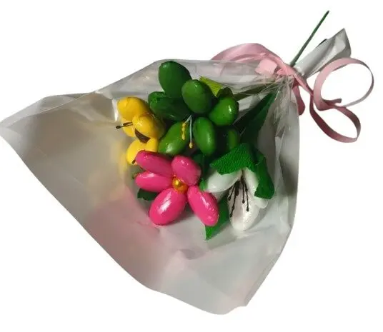 Mini bouquet of freesia, tulip, anemone, daisy in chocolate dragees
