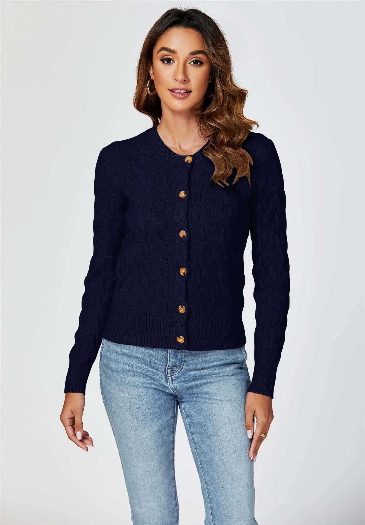 Cable-knit round-neck cardigan in navy blue