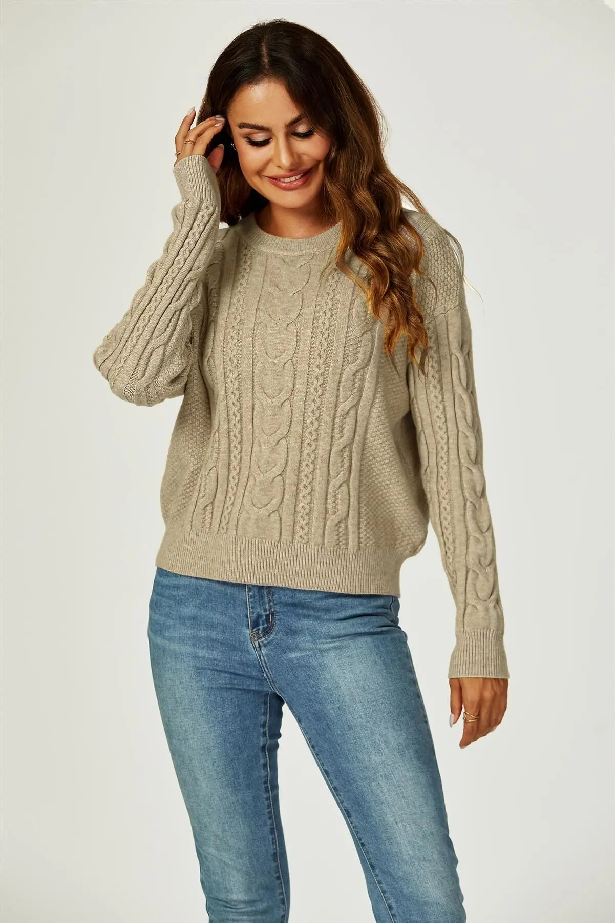 Cable-knit round-neck sweater in taupe