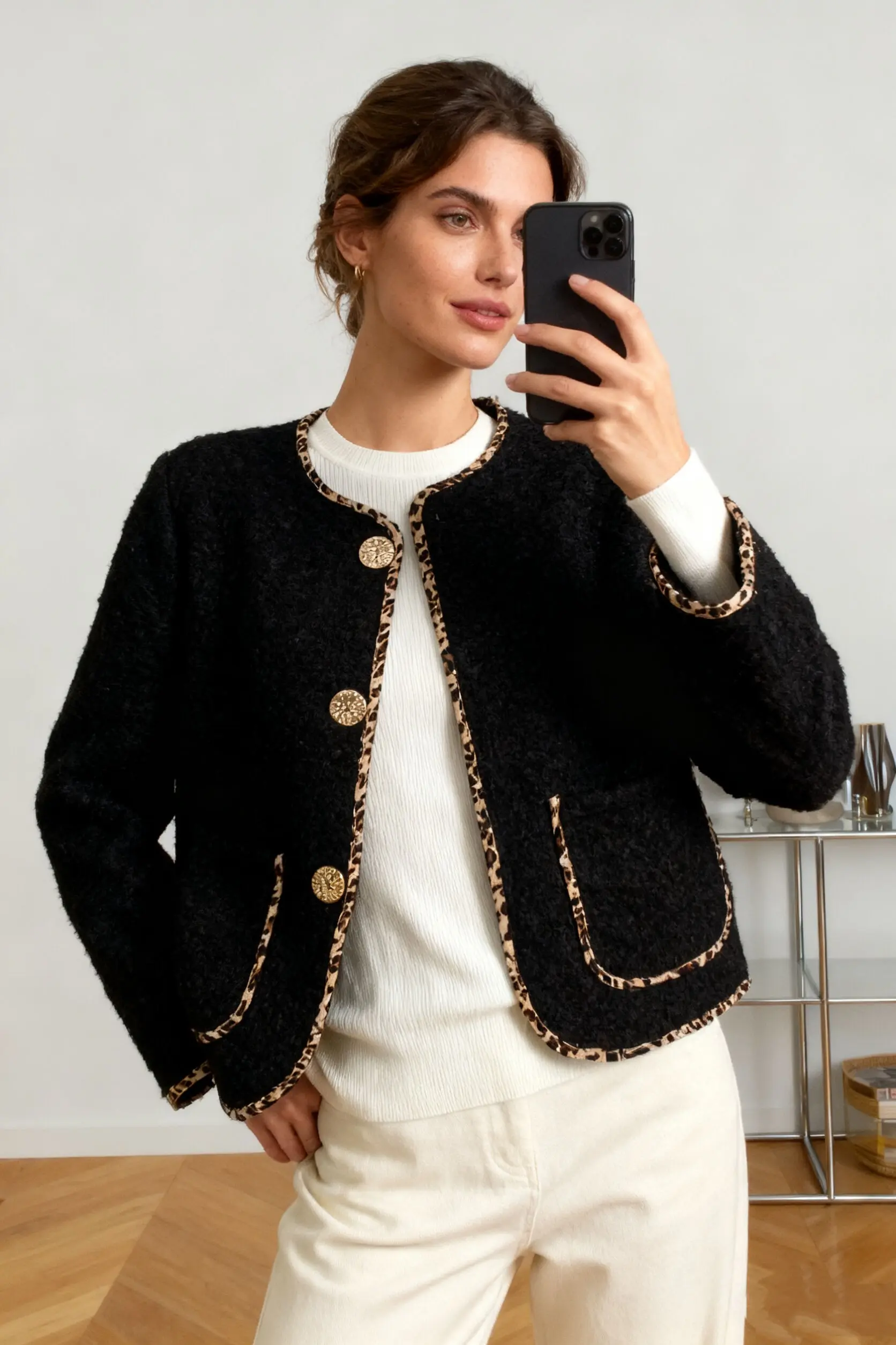 Tweed jacket with leopard details