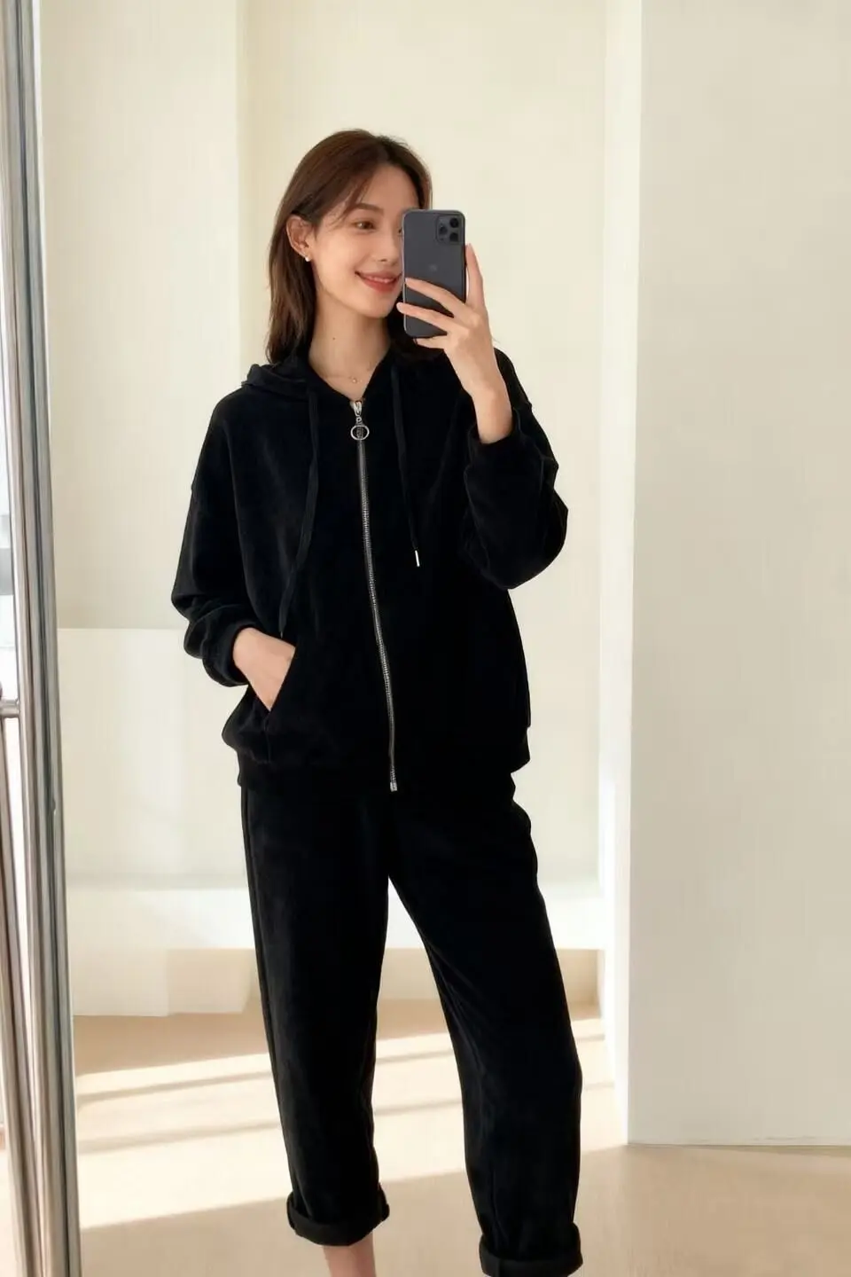 Zip-up hooded jacket and pants set with pockets