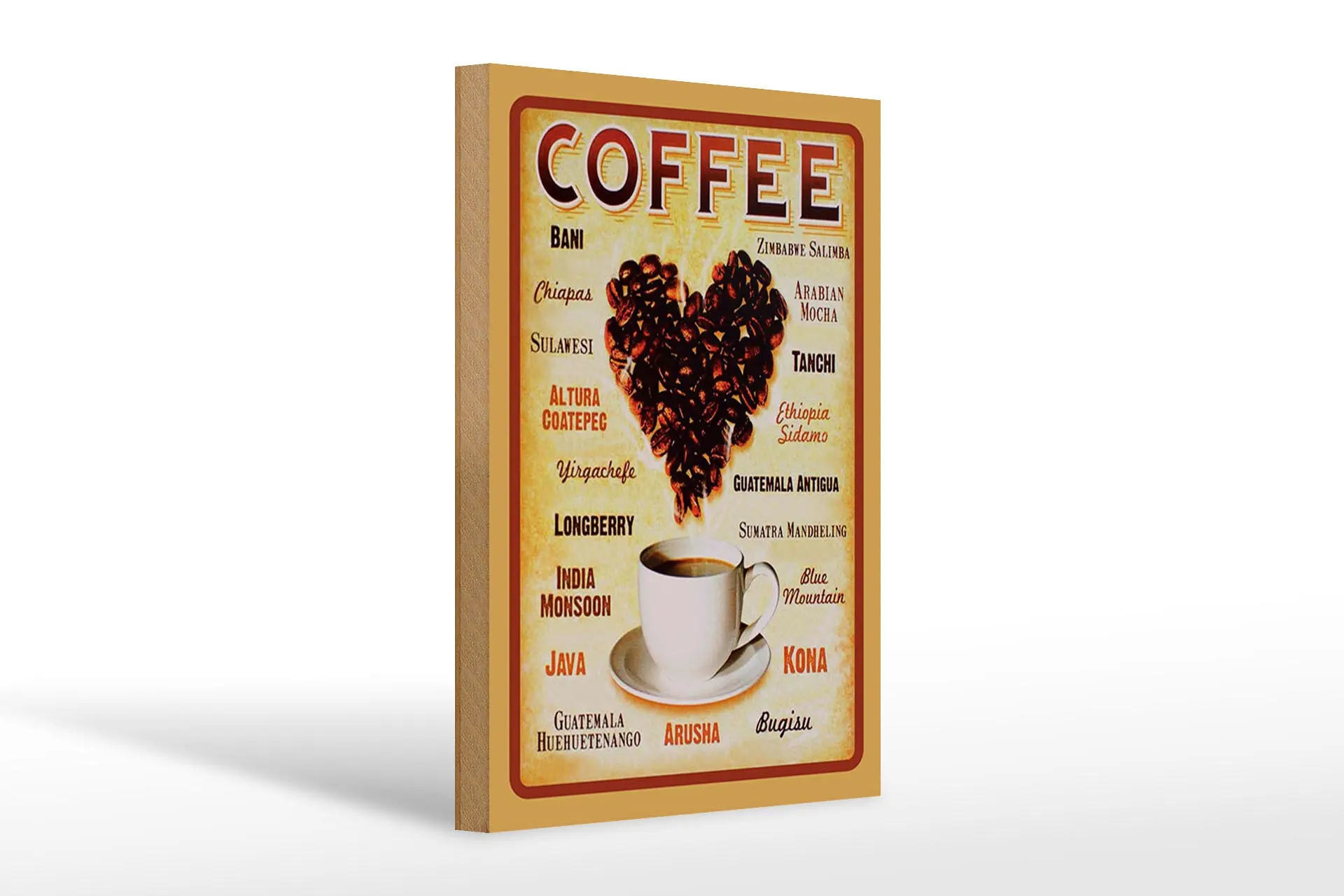 Wooden sign for coffee, 20x30 cm, coffee varieties, heart made of coffee beans, decorative sign