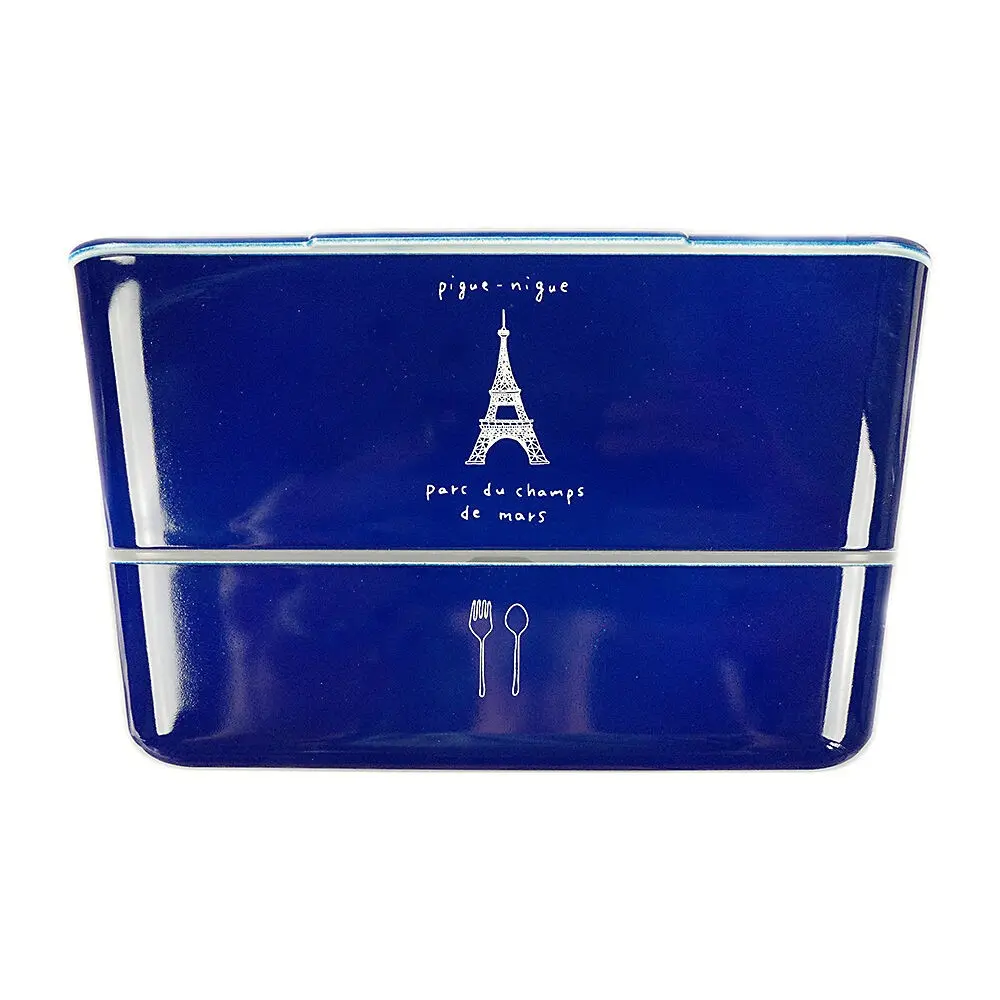 La boîte bento Balade à Paris Bleu (Navy), boîte à déjeuner made in Japan avec un. double compartiment indépendant et une cuillère - collection Balade à Paris / TAKENAKA