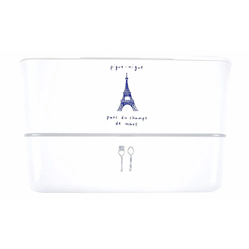 La boîte bento Balade à Paris Blanc (White), boîte à déjeuner made in Japan avec un. double compartiment indépendant et une cuillère - collection Balade à Paris / TAKENAKA