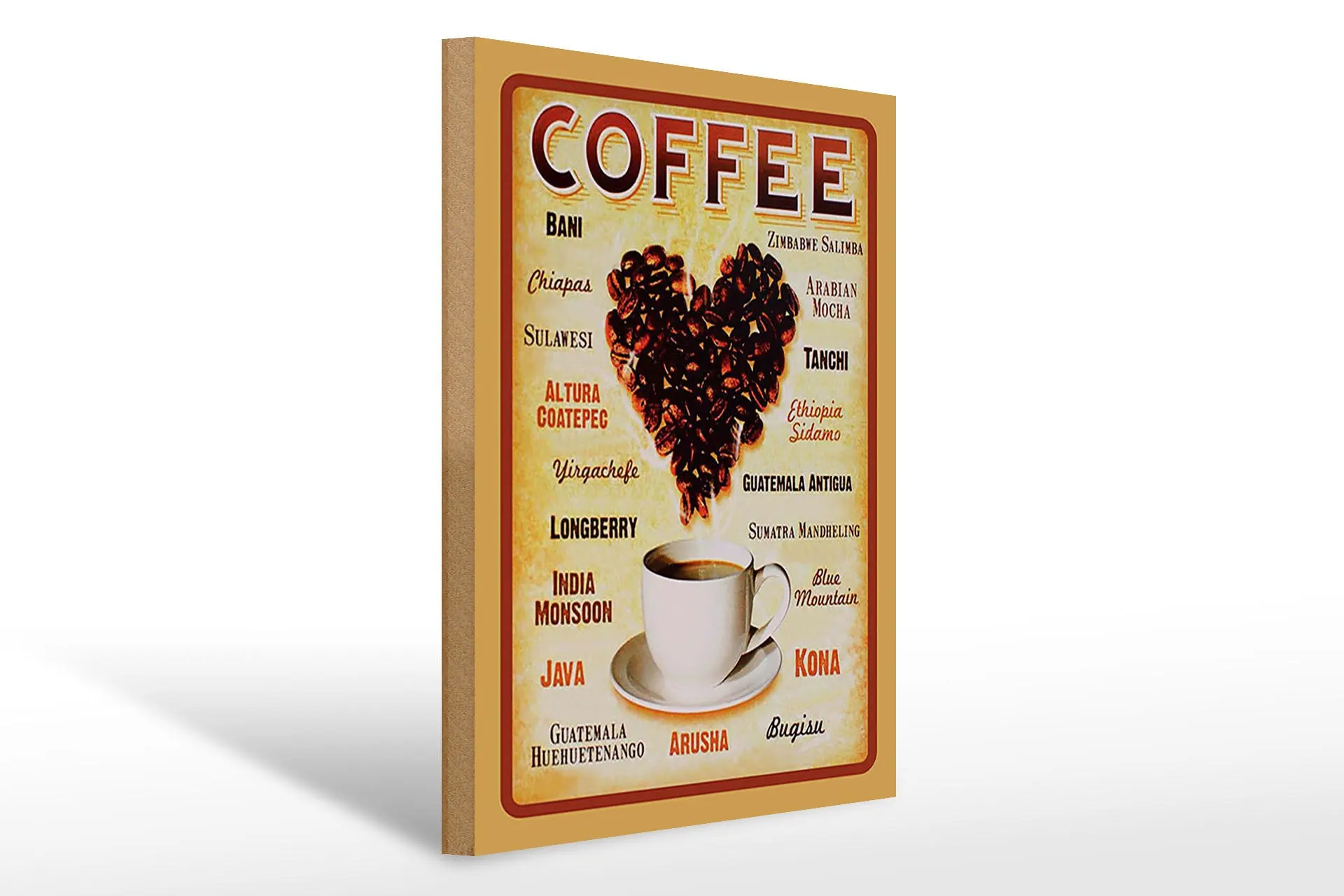 Wooden sign for coffee, 30x40 cm, coffee varieties, heart made of coffee beans, decorative sign