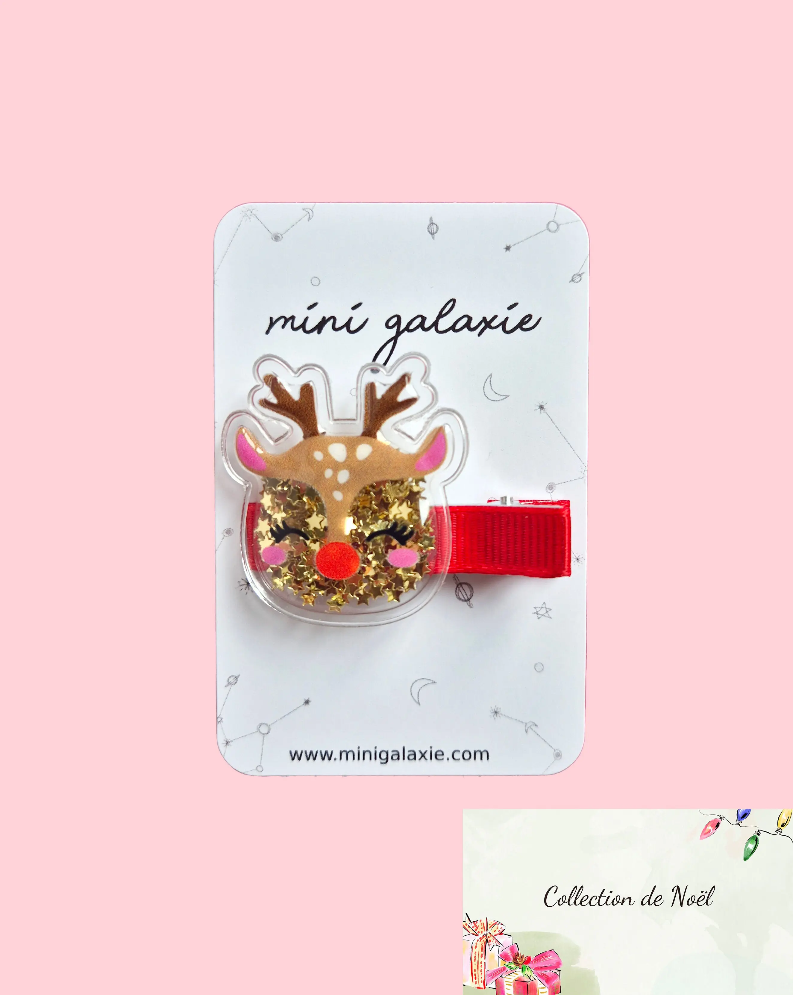 Rote Haarspange für Kinder mit goldenem Rentier – Weihnachtsmotiv 🎄