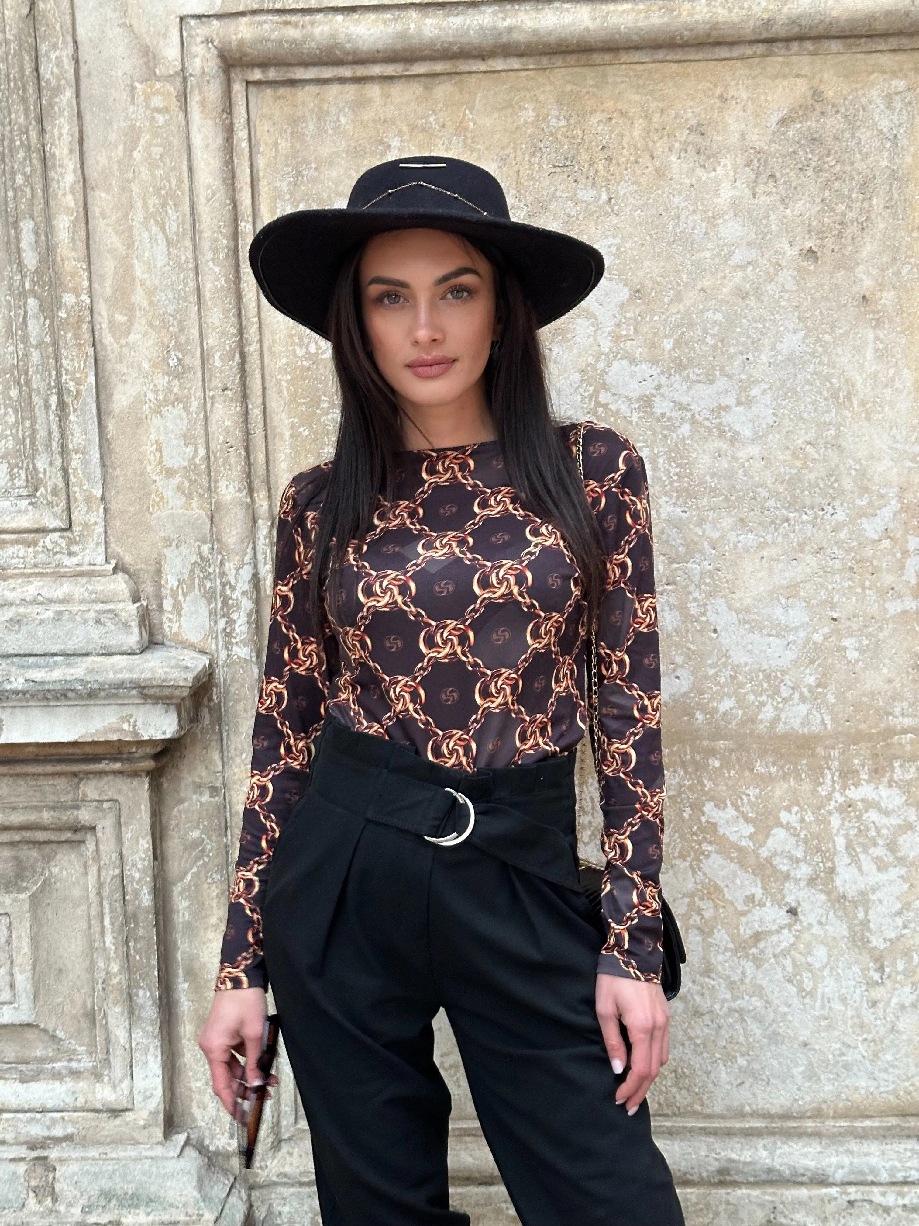 Long Sleeve Blouse -Chain Print-Brown-LOUI.