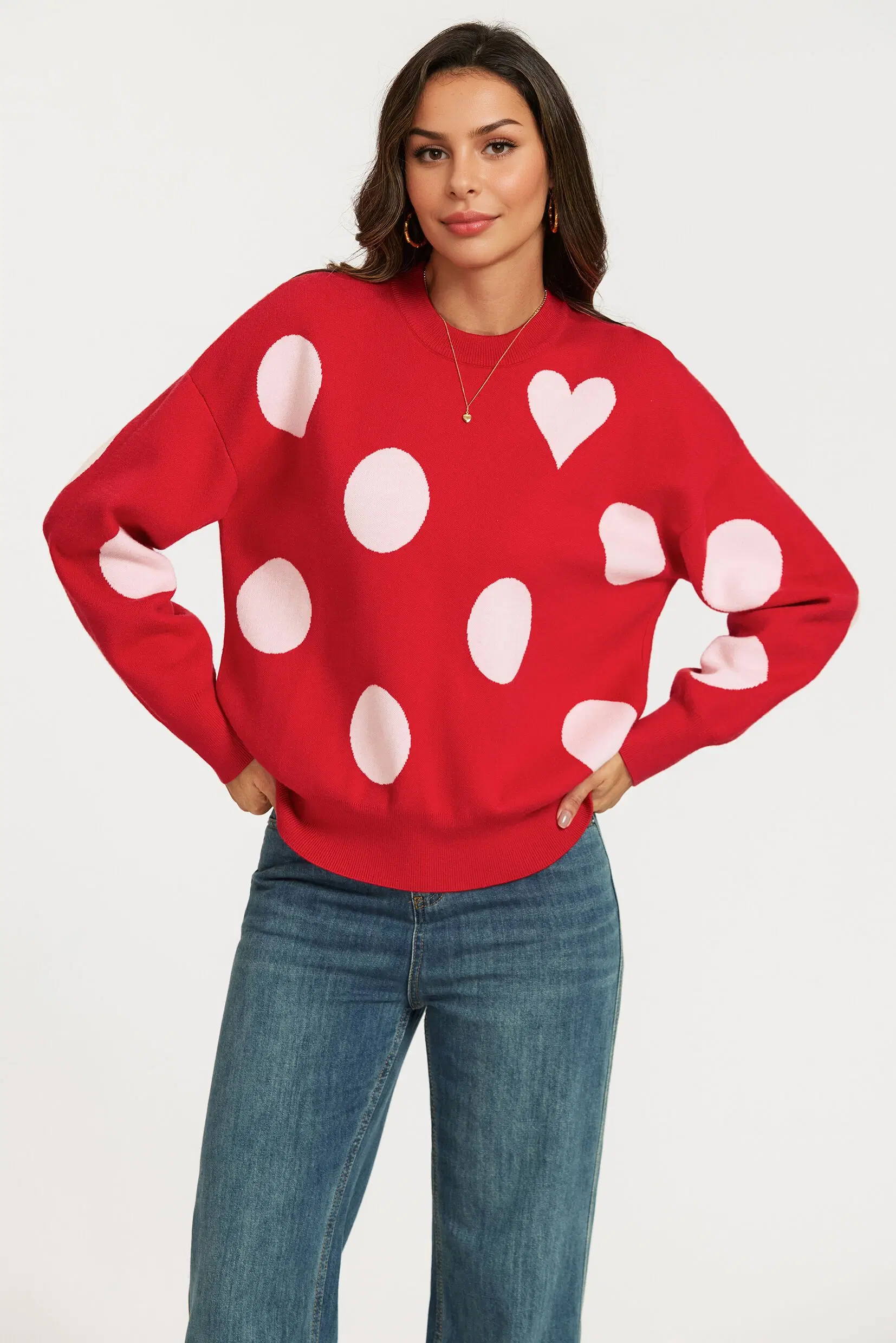 Knit sweater with heart and polka dot pattern in red