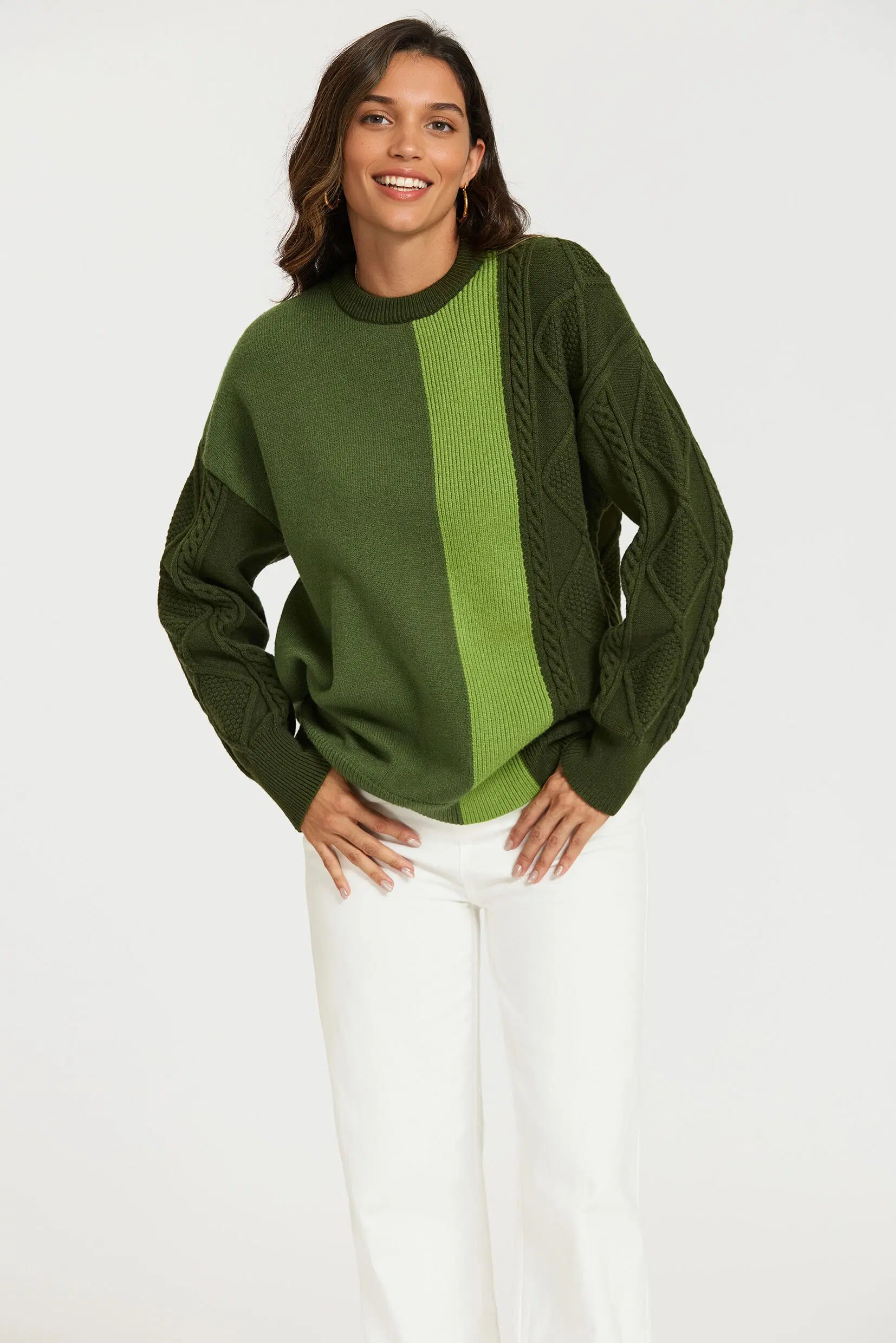 Green cable knit sweater for women