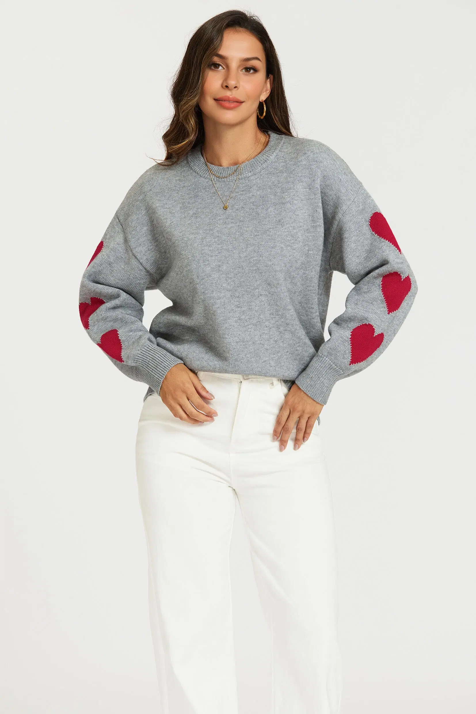 knitted sweater with heart pattern on the sleeves in grey