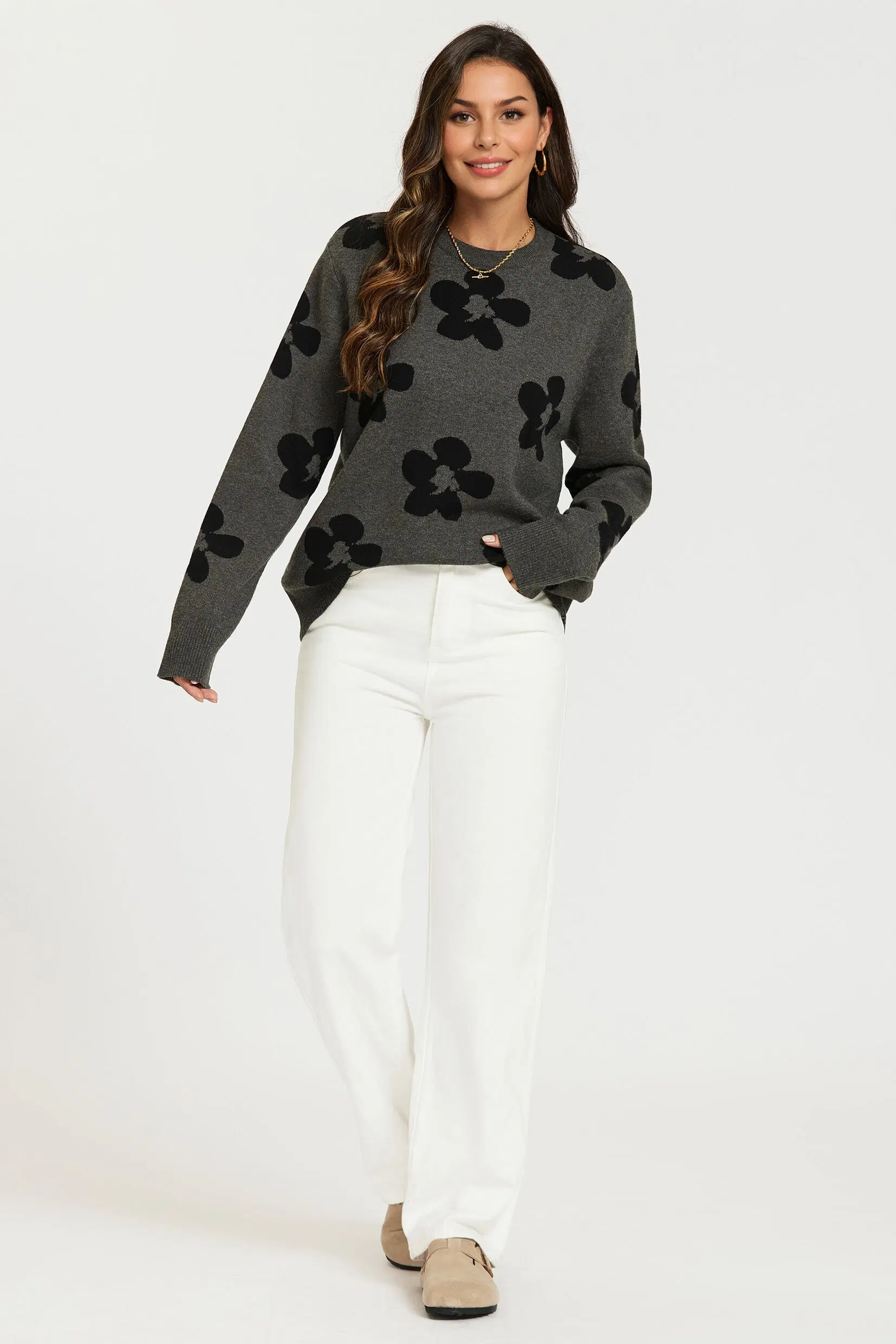 Grey floral knit sweater