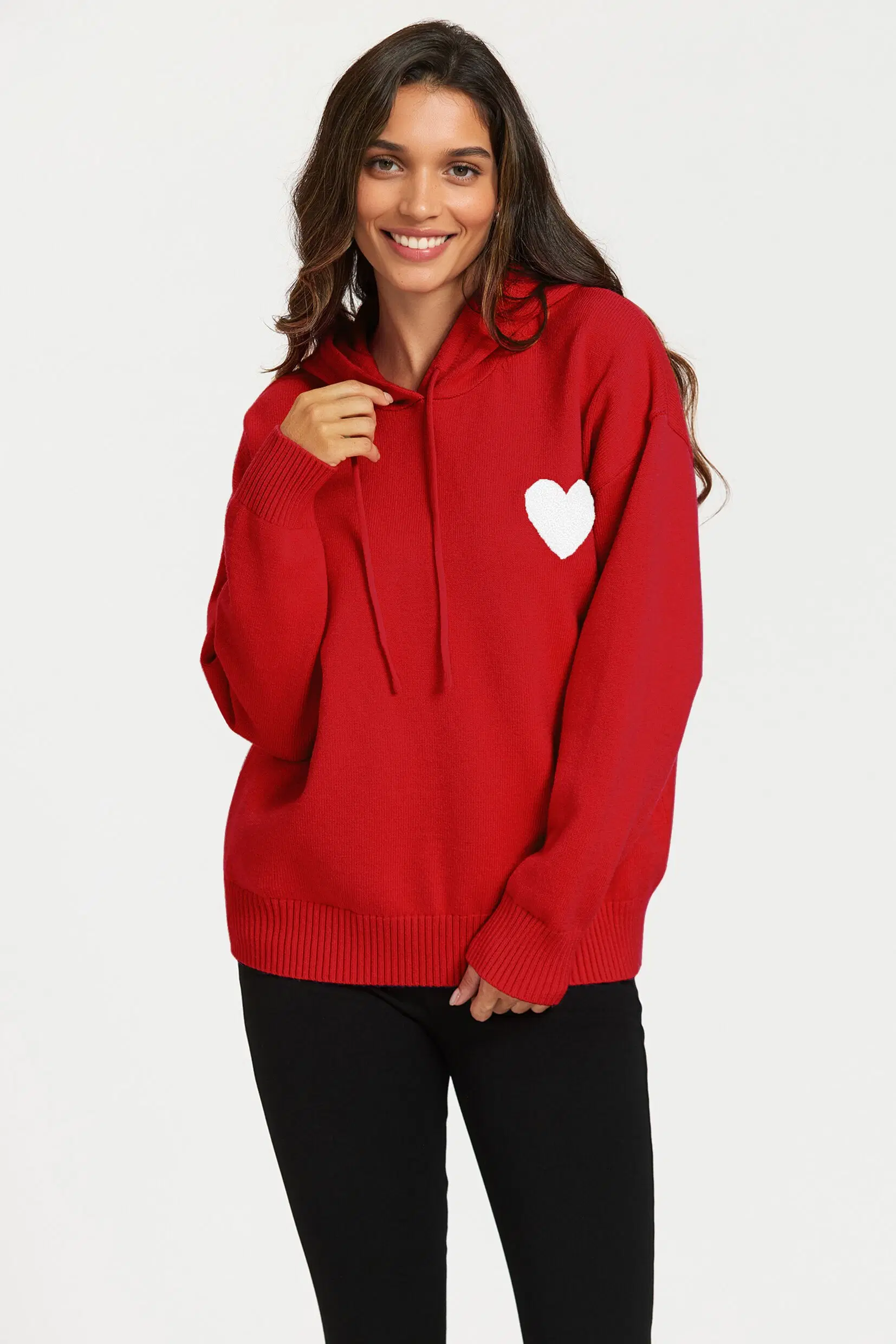 Knit hoodie with heart embroidery in red