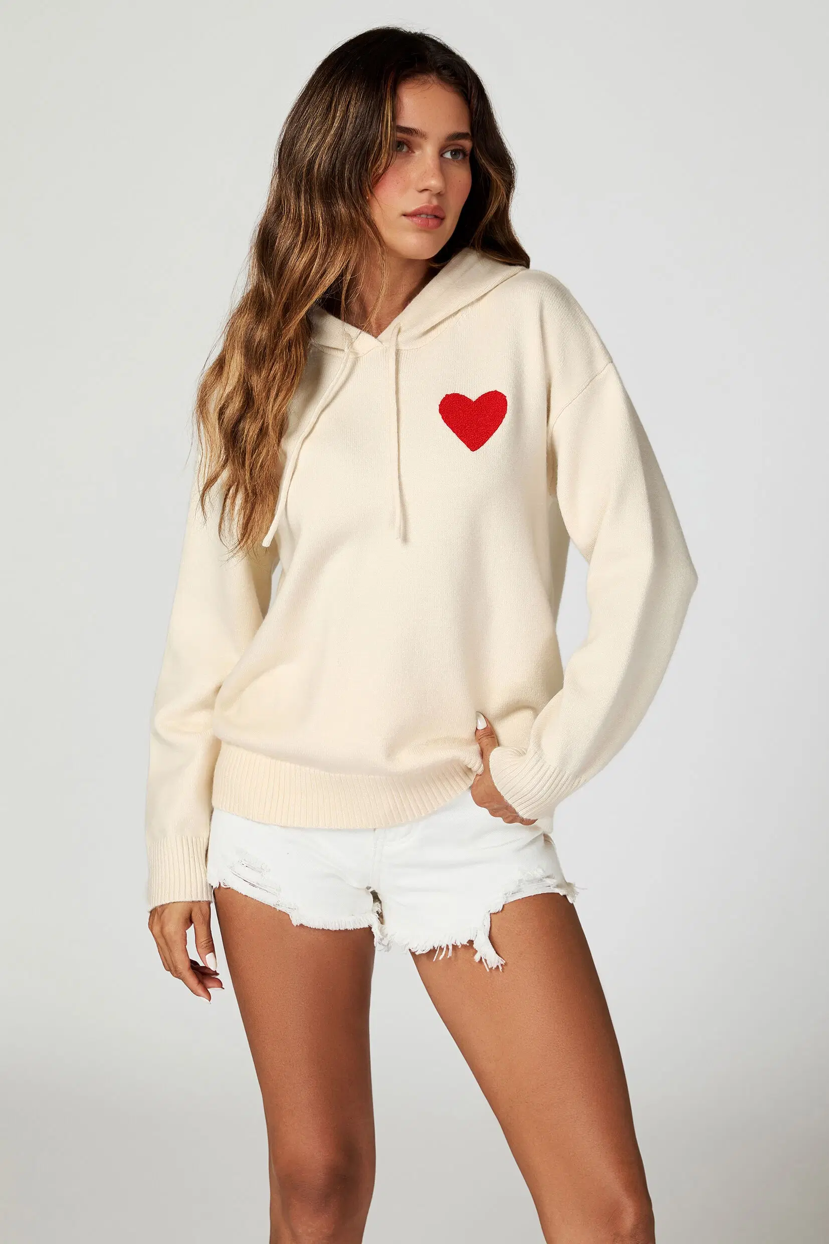 Heart Embroidery Knitted Hoodie In Cream