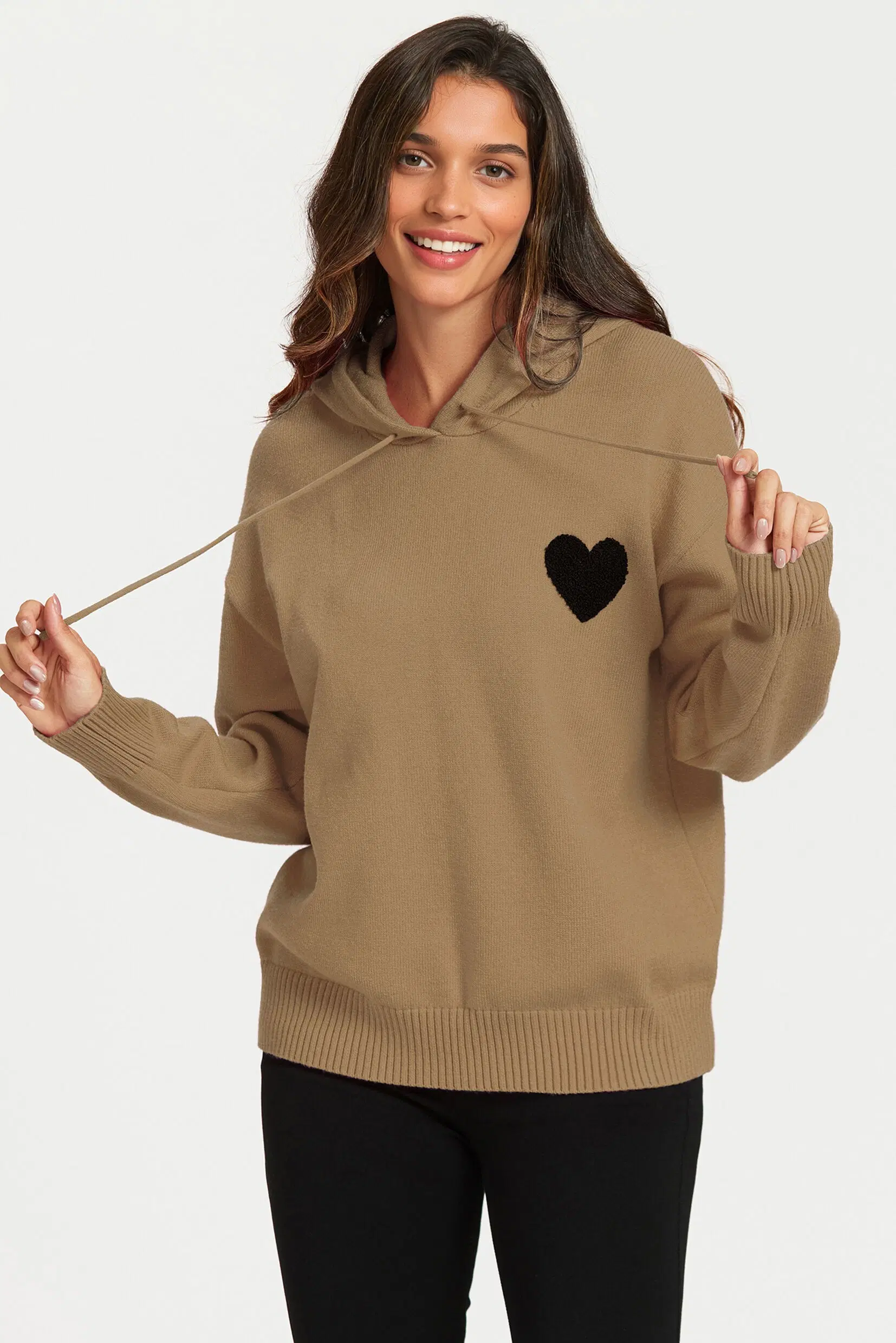 Knit hoodie with heart embroidery in camel