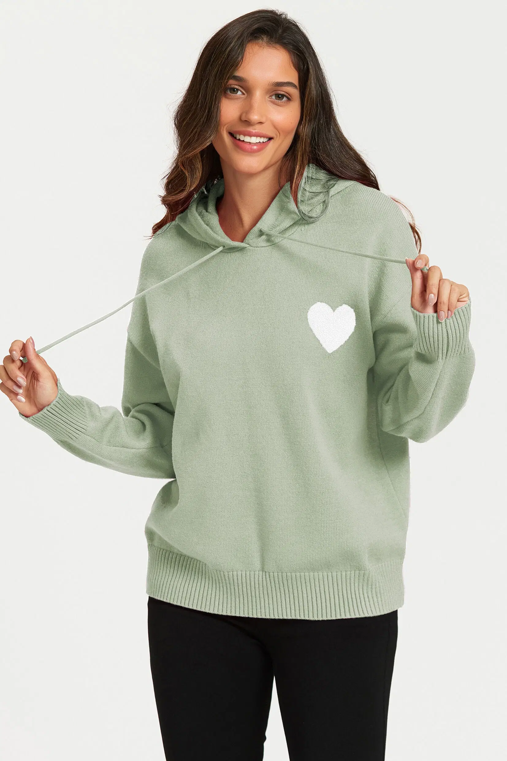 Knit hoodie with heart embroidery in olive green