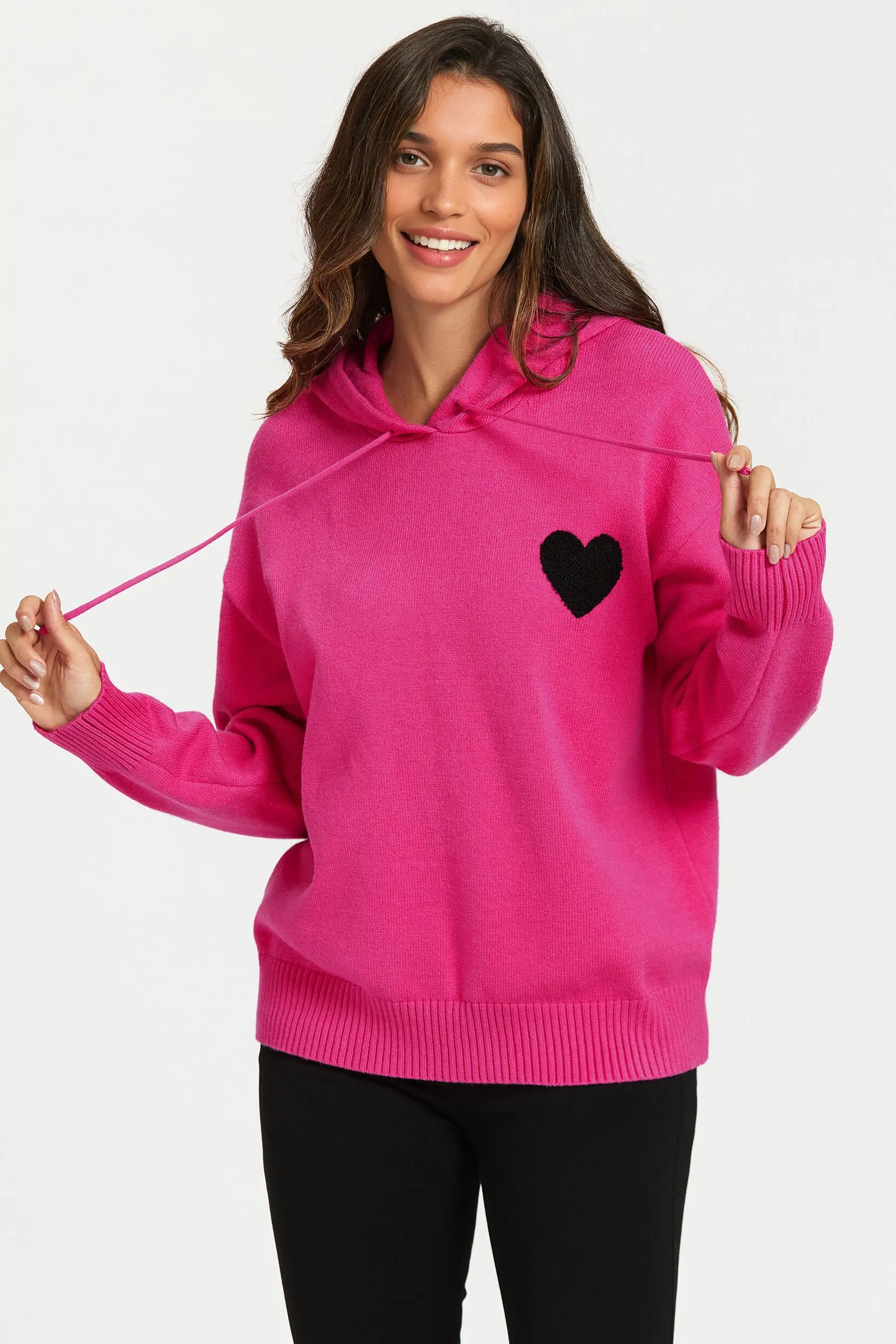 Knit hoodie with heart embroidery in fuchsia pink